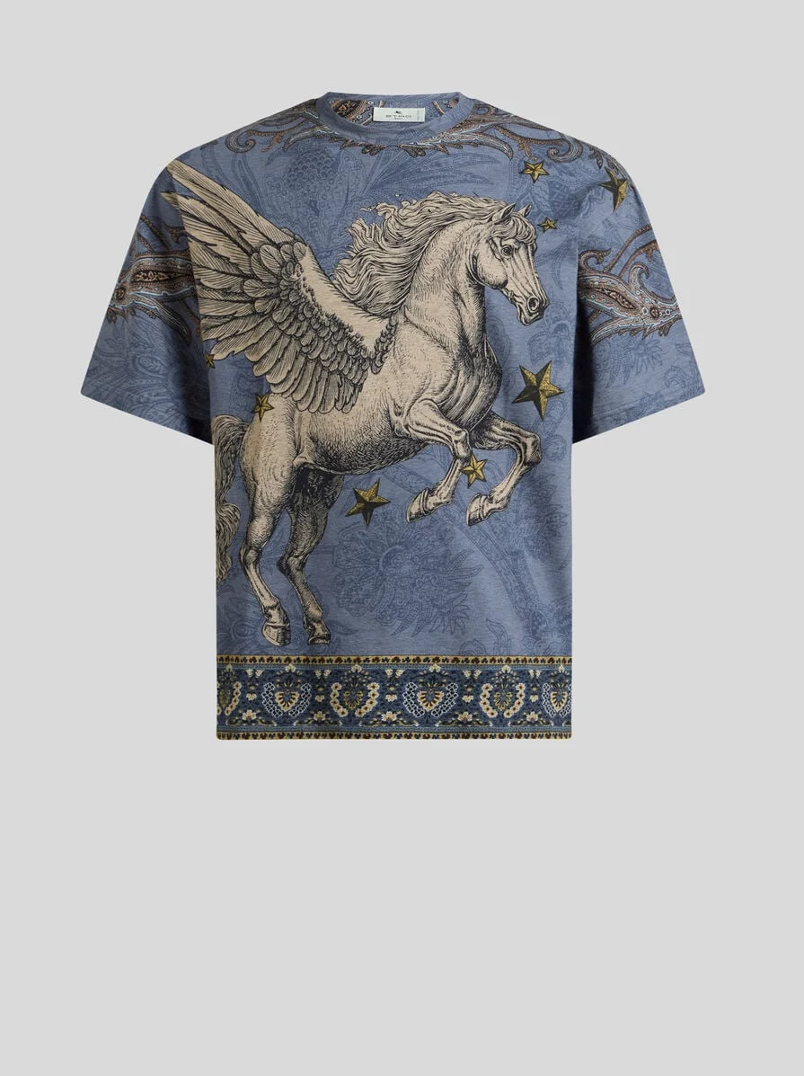 COTTON JERSEY T-SHIRT WITH PLACED PEGASO PRINT - 1