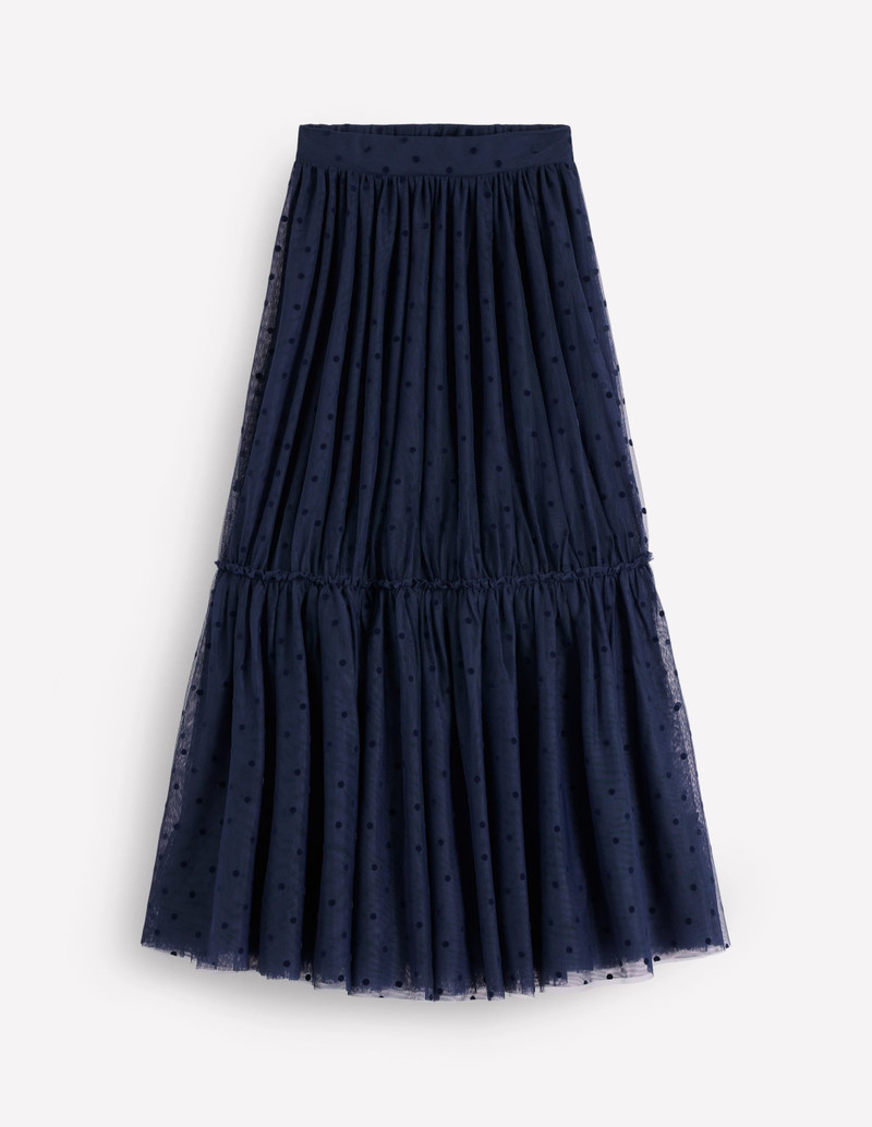 Anna Tulle Midi Skirt-Navy Flocked Spot 1
