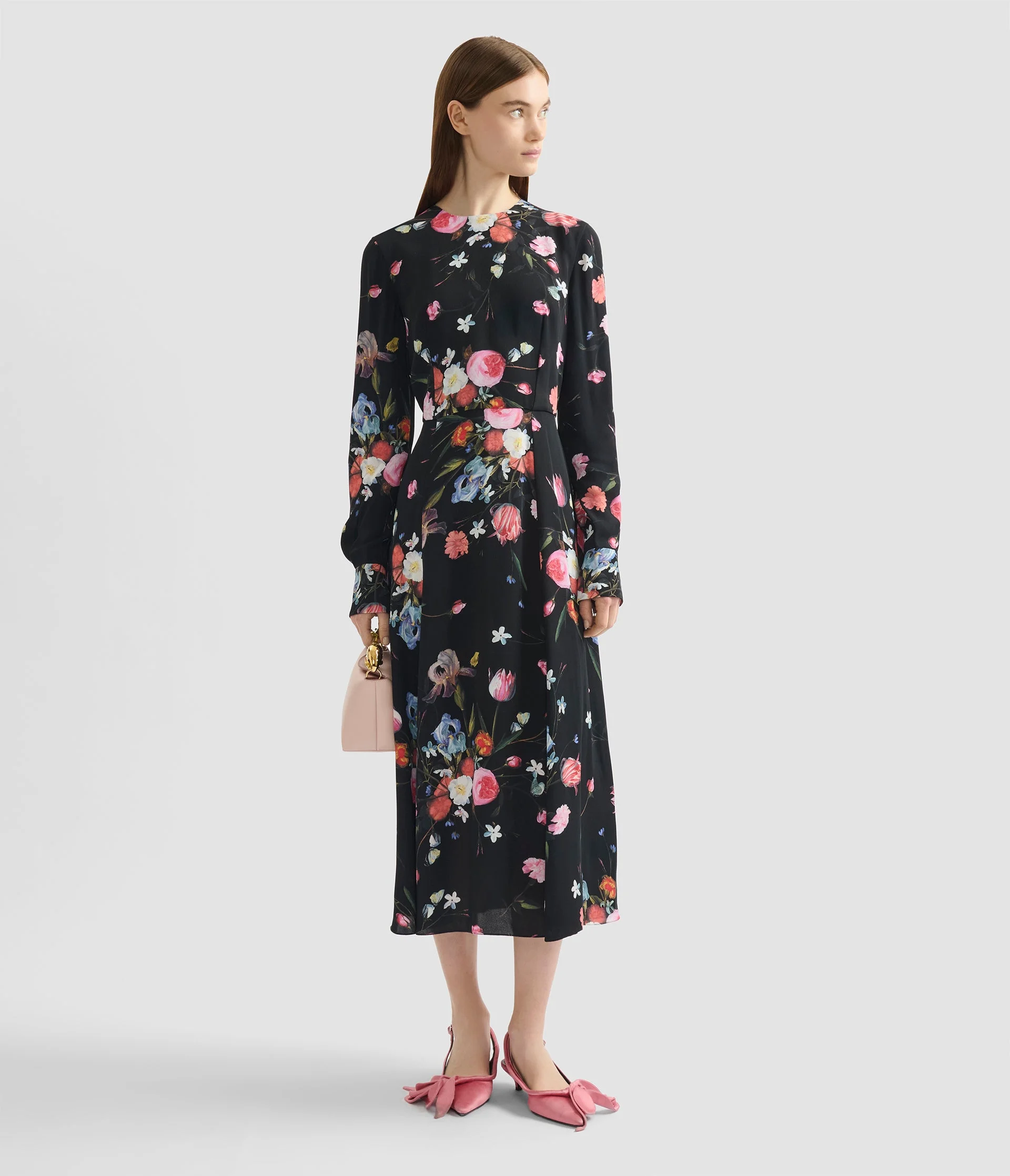 FLORAL PRINT CREPE LONG SLEEVE MIDI DRESS - 1