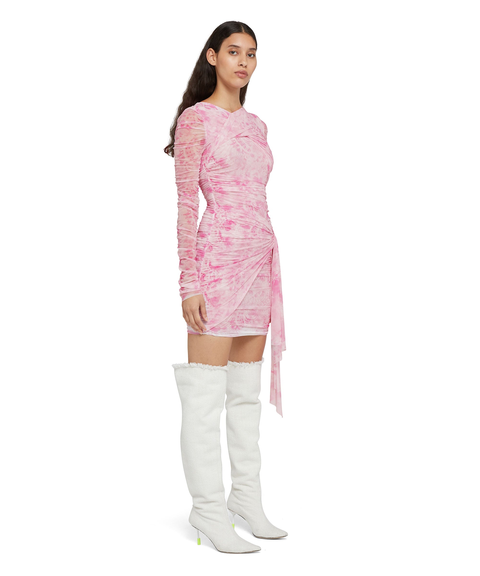 Stretch tulle draped mini dress with "trompe l'oeil lace" print - 5