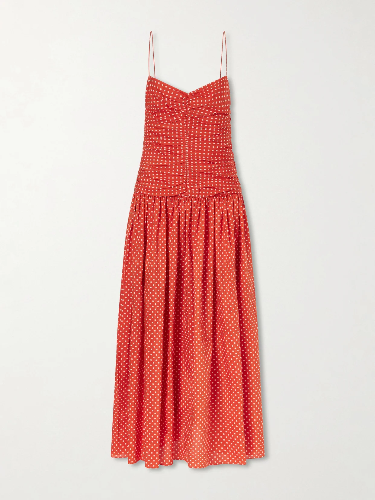 Gathered Polka-dot Organic Cotton And Silk-blend Midi Dress - 1