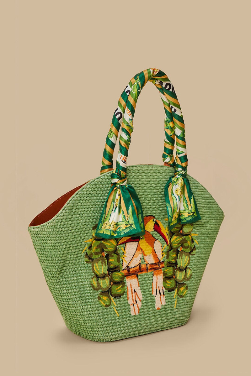 Green Coconut Toucan Raffia Shell Tote 3