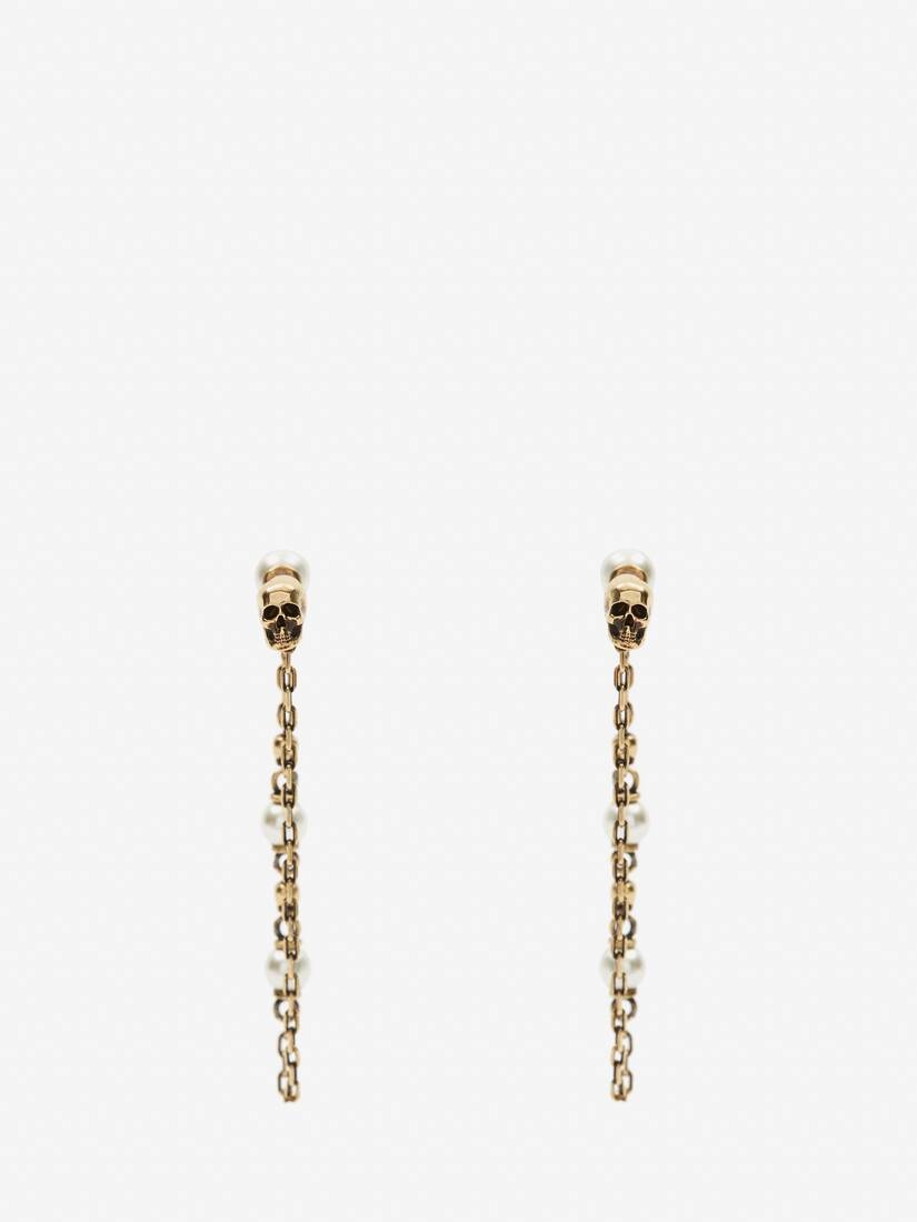 Women's Pearl Skull Drop Chain Earrings in Antique Gold - 3
