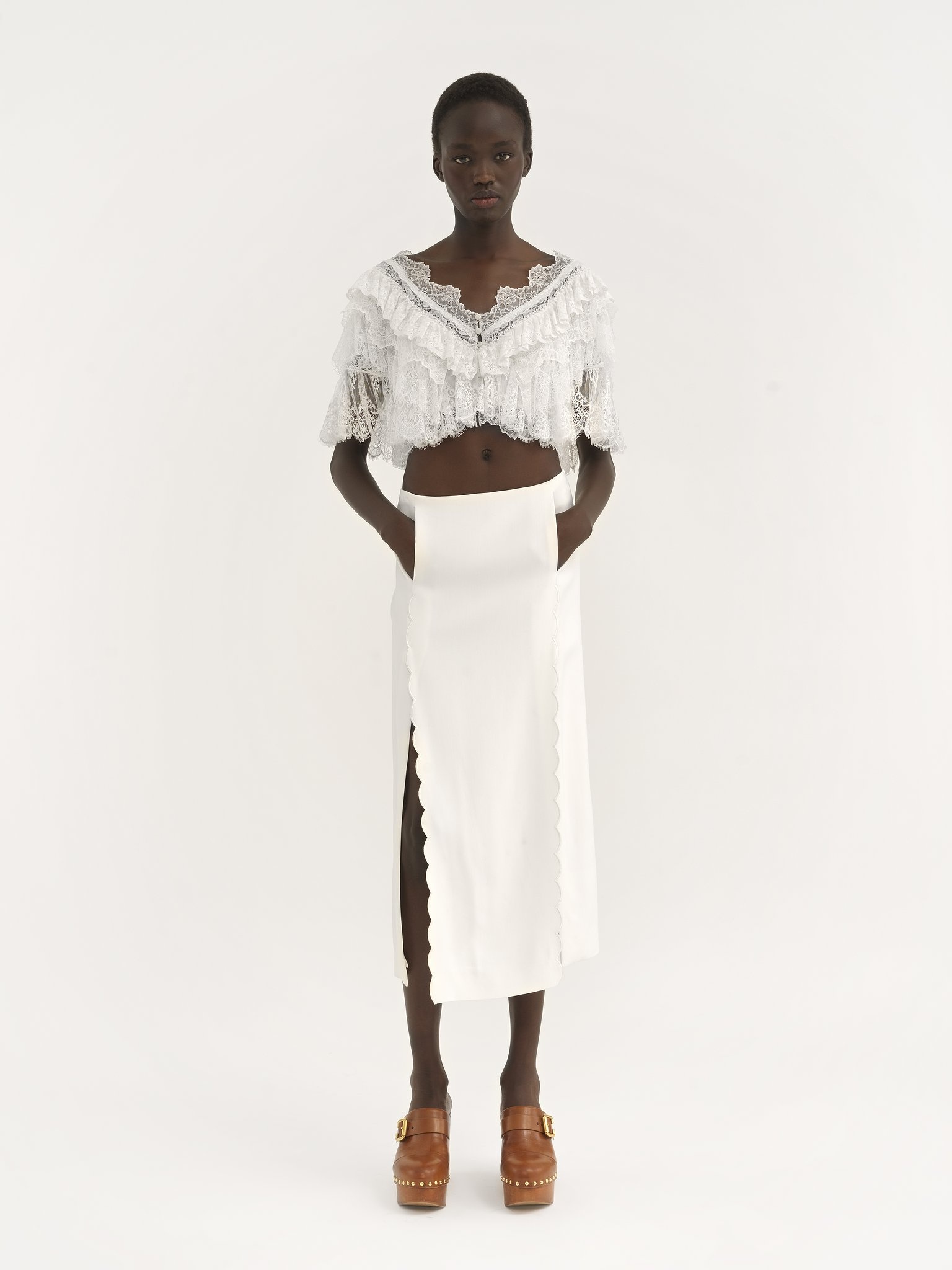 SCALLOP EMBROIDERED COLUMN SKIRT IN FLUID VISCOSE - 3