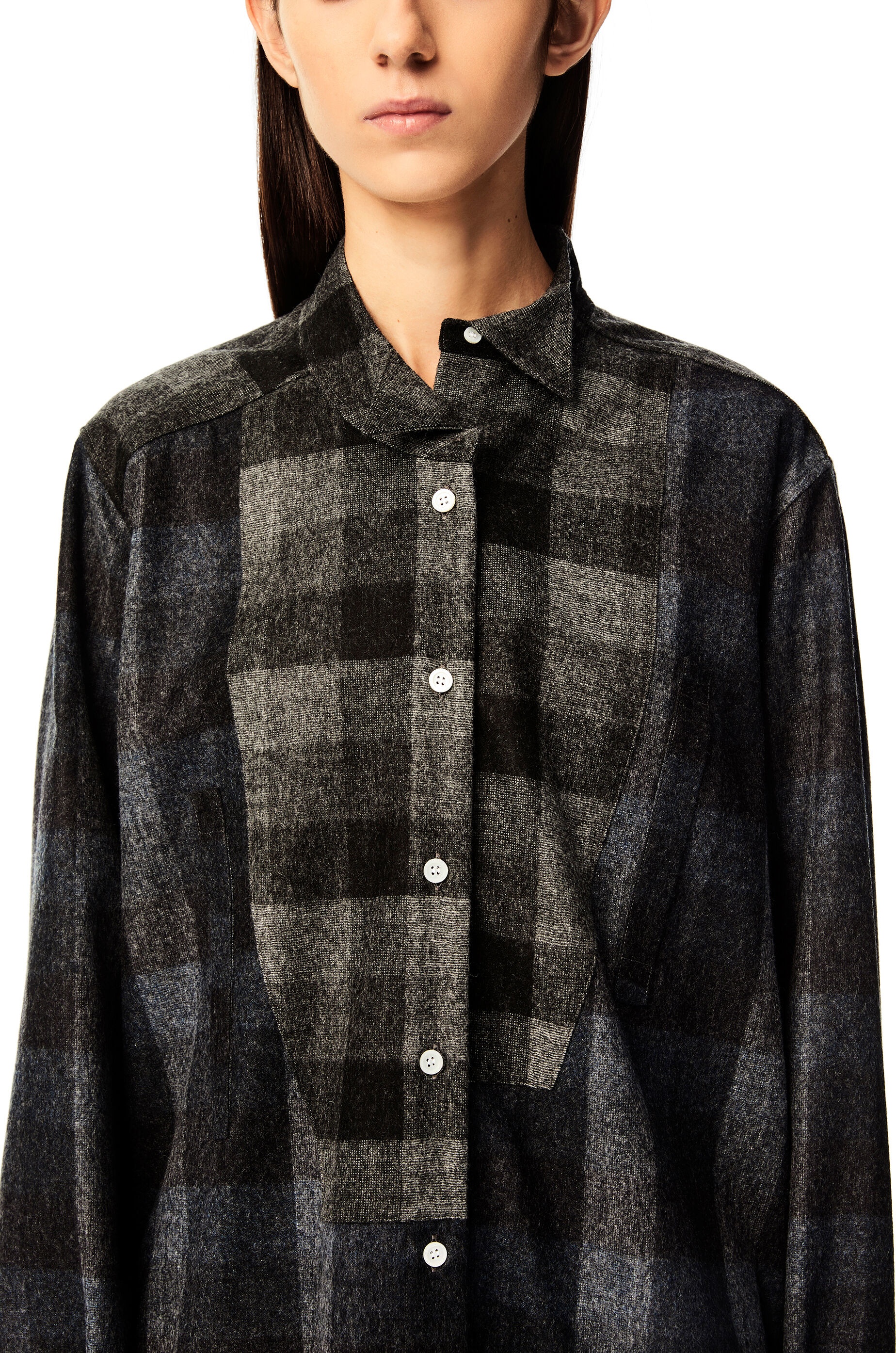 Long asymmetric patchwork shirt in check wool - 5