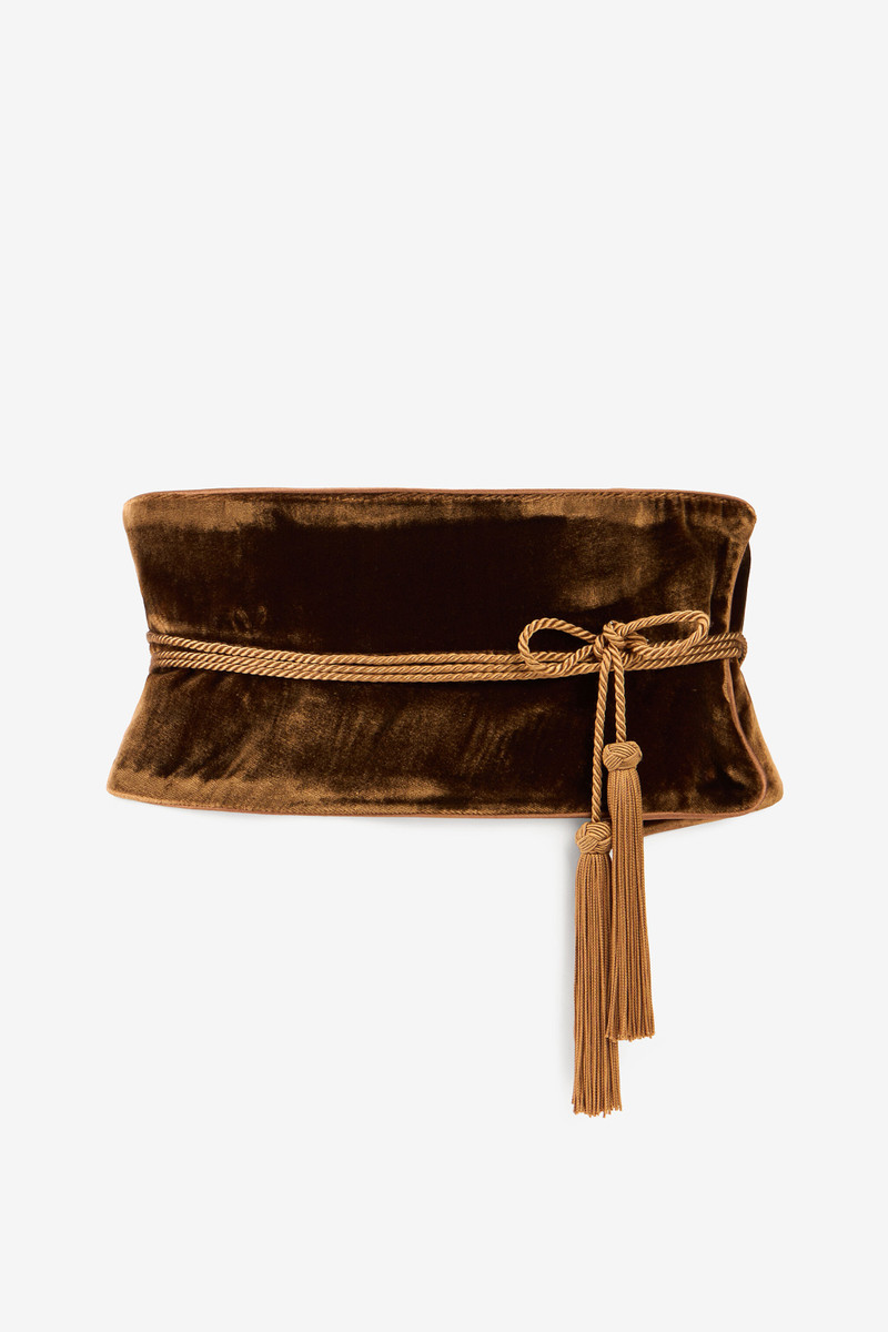 Chocolate corset belt in velvet with tassels 1