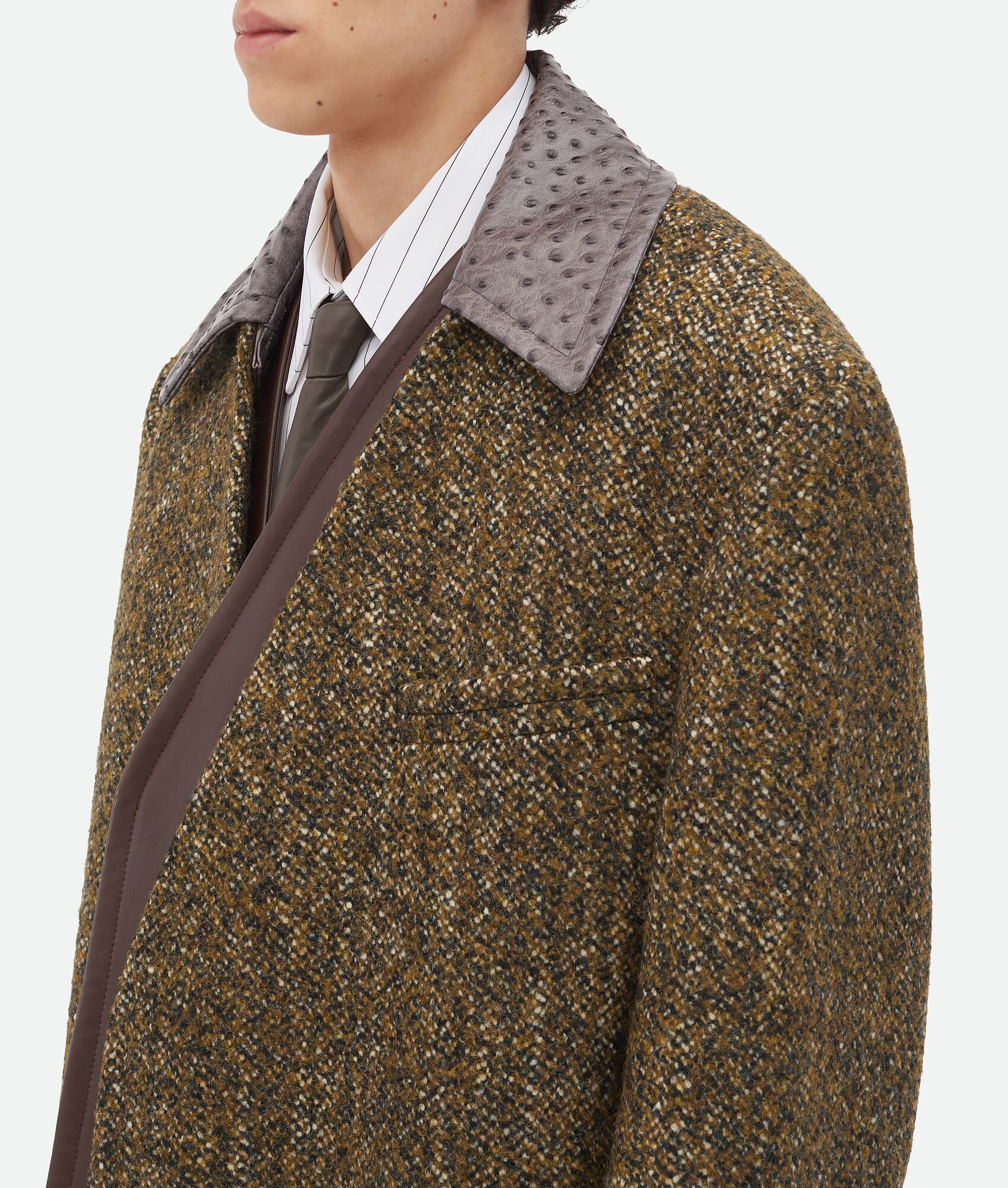 Textured Wool Speckled Coat With Leather Collar - 6
