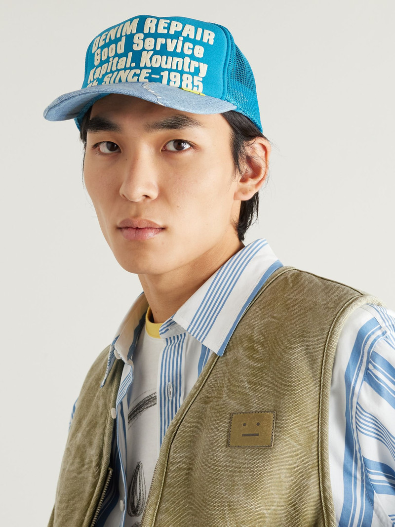 Kapital Printed Canvas, Patchwork Denim and Mesh Trucker Cap Turquoise outlook