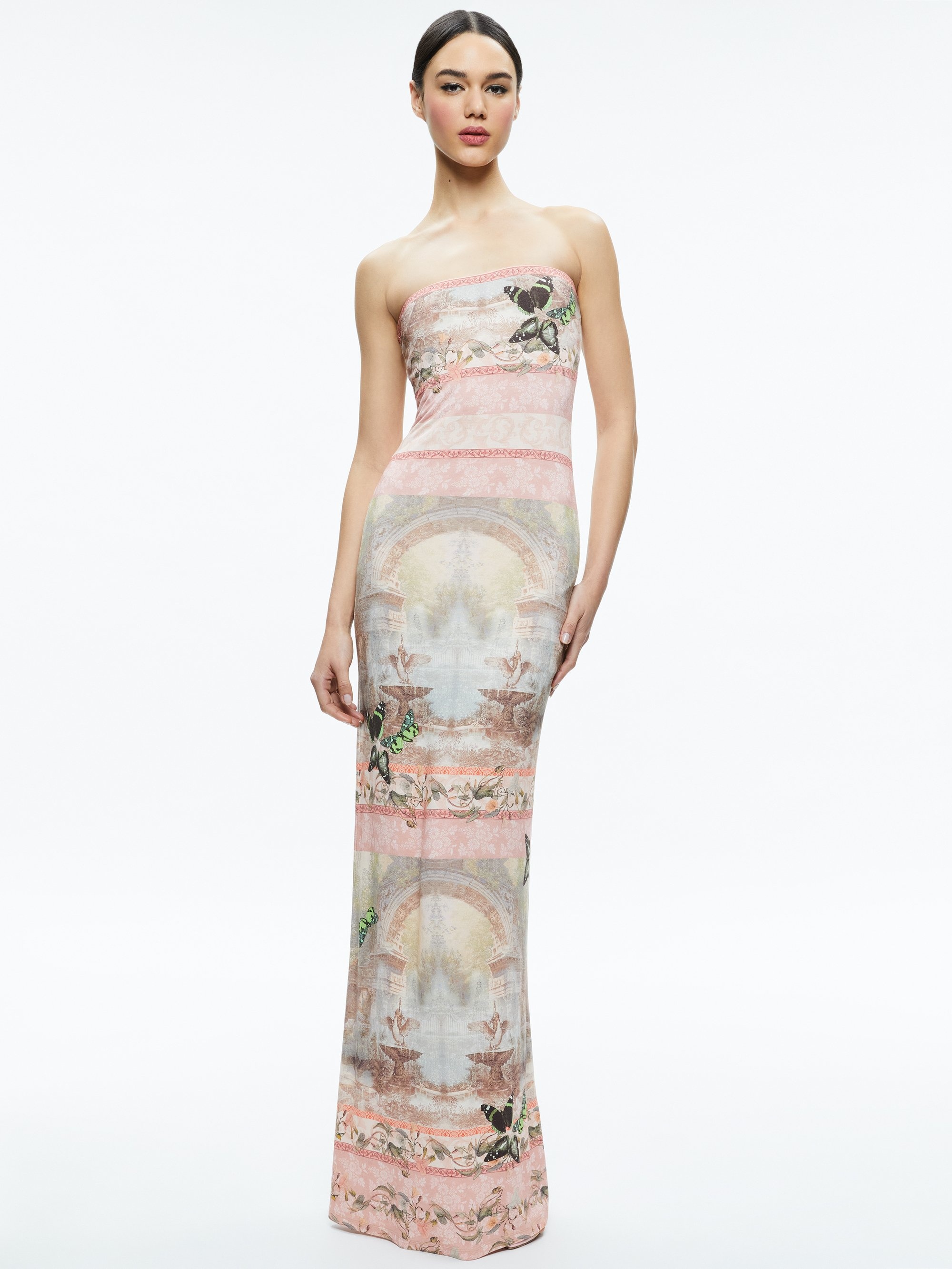 【Alice+Olivia】DELORA リバーシブル スリット マキシドレス Alice + Olivia DELORA STRAPLESS MAXI DRESS | REVERSIBLE