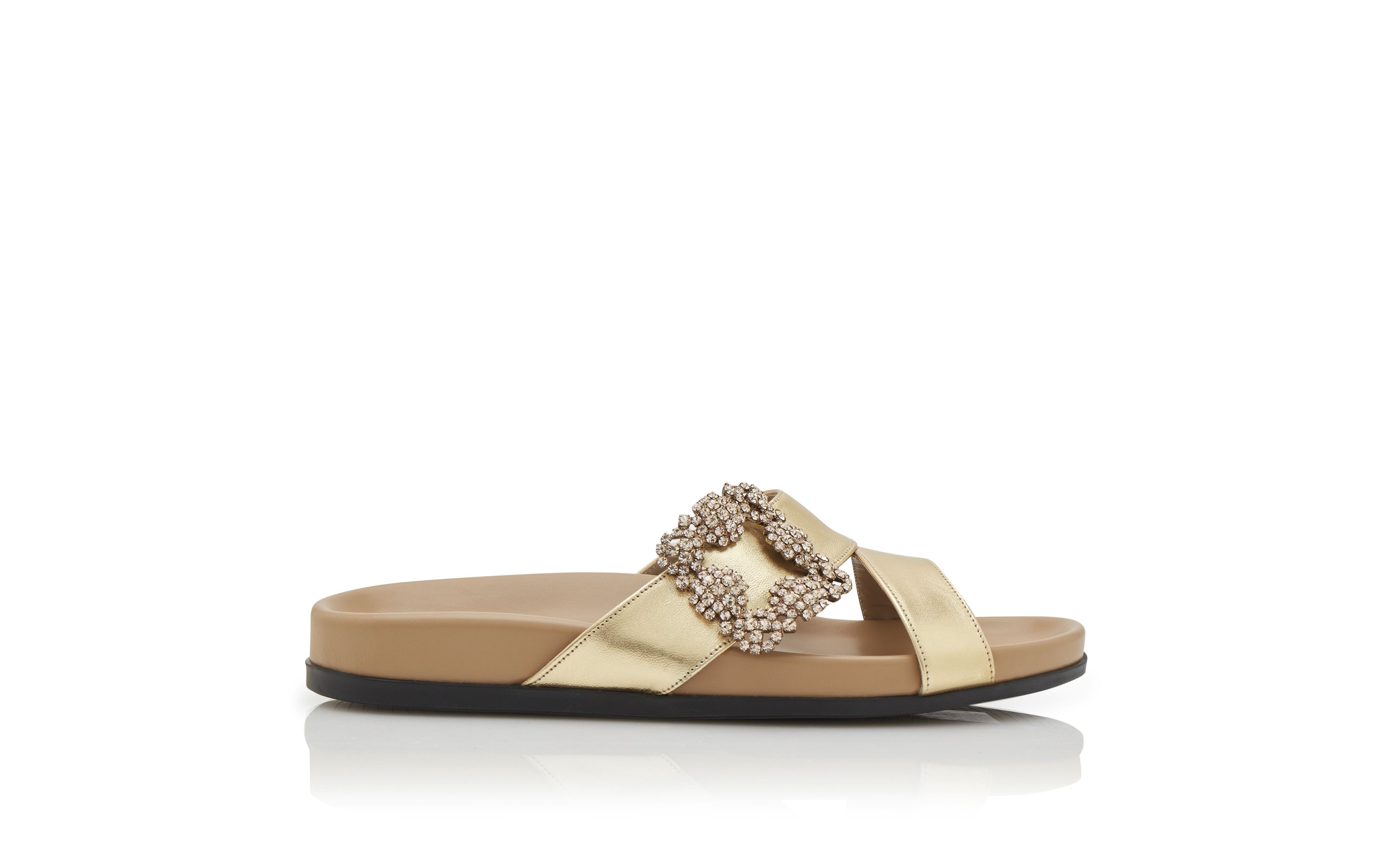 Gold Nappa Leather Jewel Buckle Flat Mules - 1