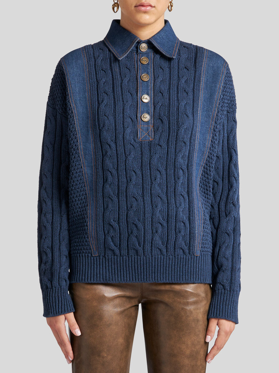KNIT POLO SHIRT WITH DENIM INSERTS - 2