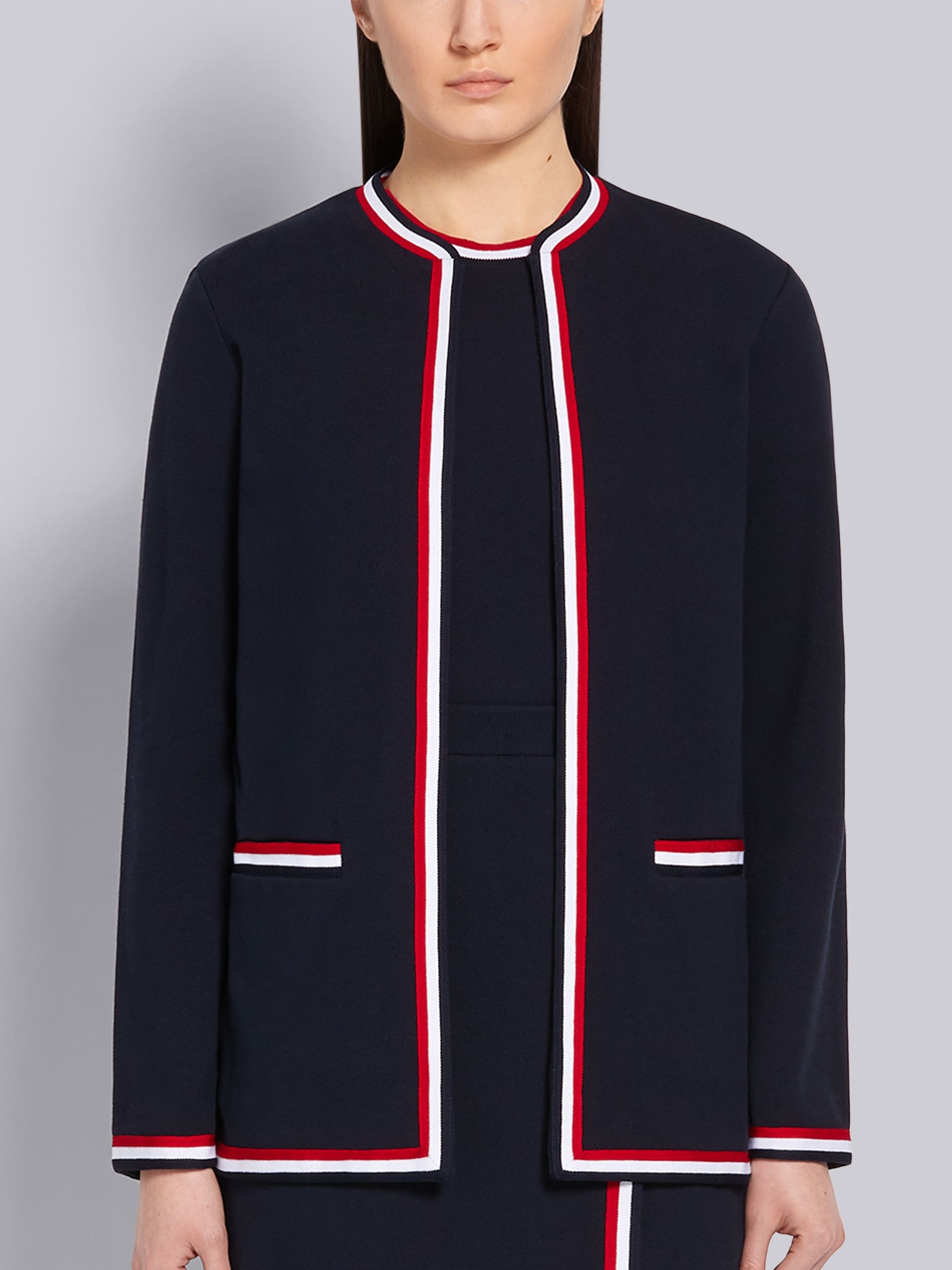 Navy Cotton Pique Tricolor Rib Trim Crewneck Cardigan - 1