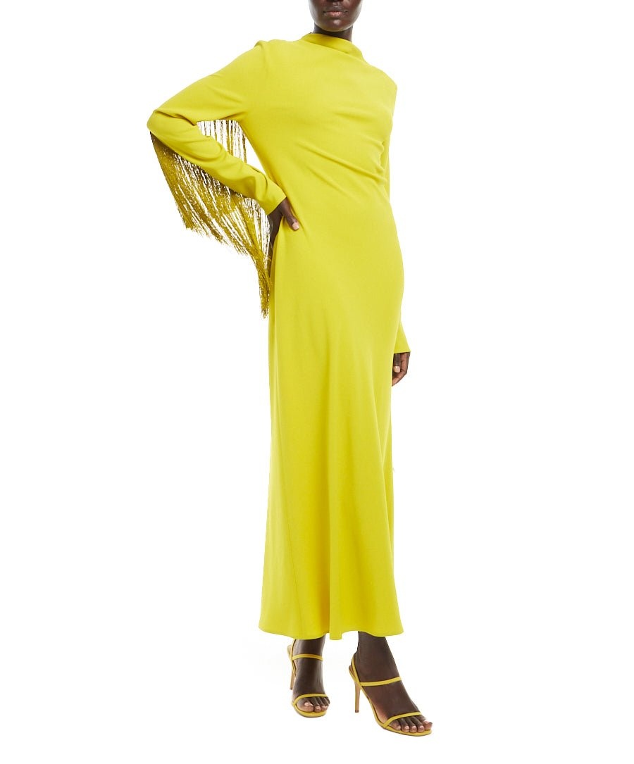 Crepe Fitted Bias Dress With Fringe - 2
