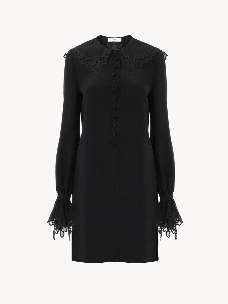 LONG-SLEEVE MINI DRESS IN CRÊPE DE CHINE & LACE 1