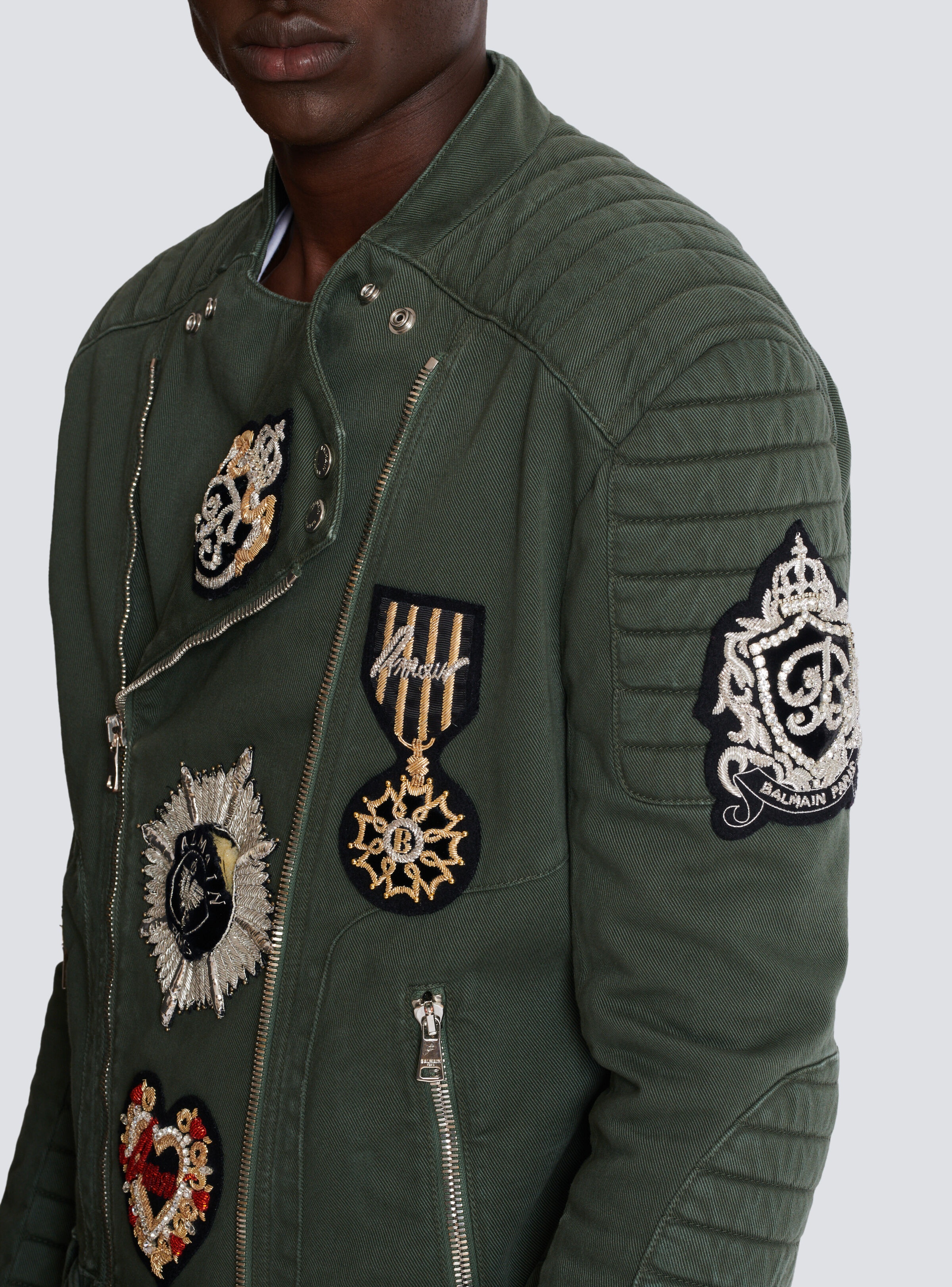 Denim biker jacket with embroidered patches - 9
