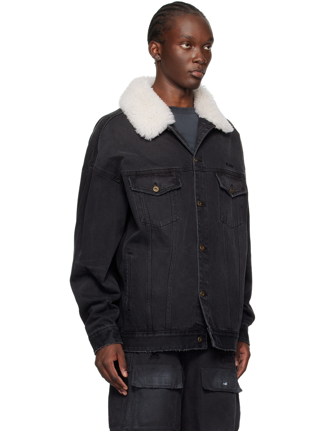 Black Fur Detail Oversized Denim Jacket - 2