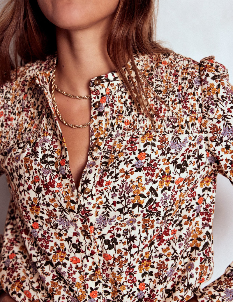 Smocked Yoke Cord Top-Ivory Floral 3