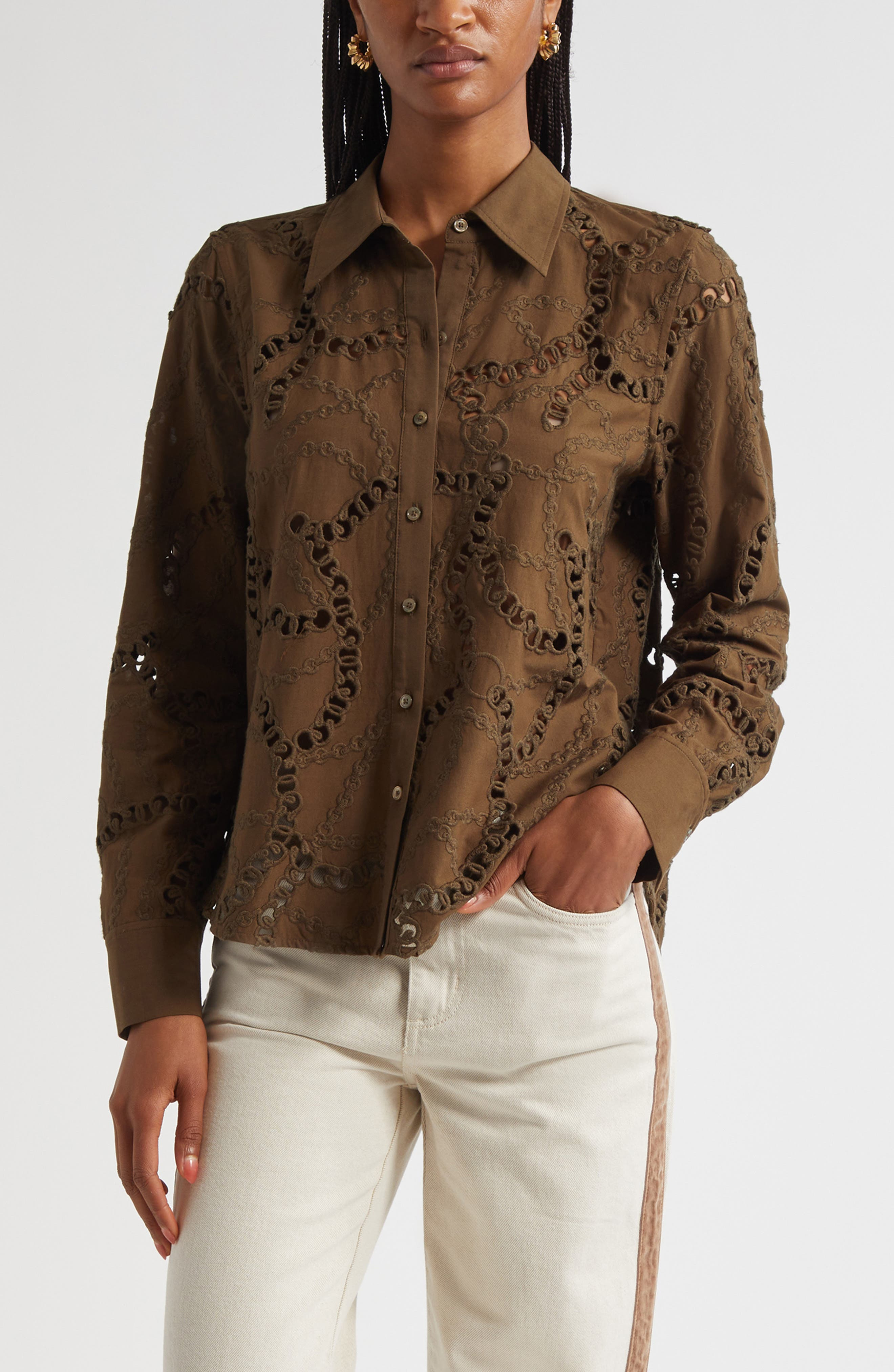 L'AGENCE Ellery Eyelet Cotton Blend Top in Pine at Nordstrom - 1