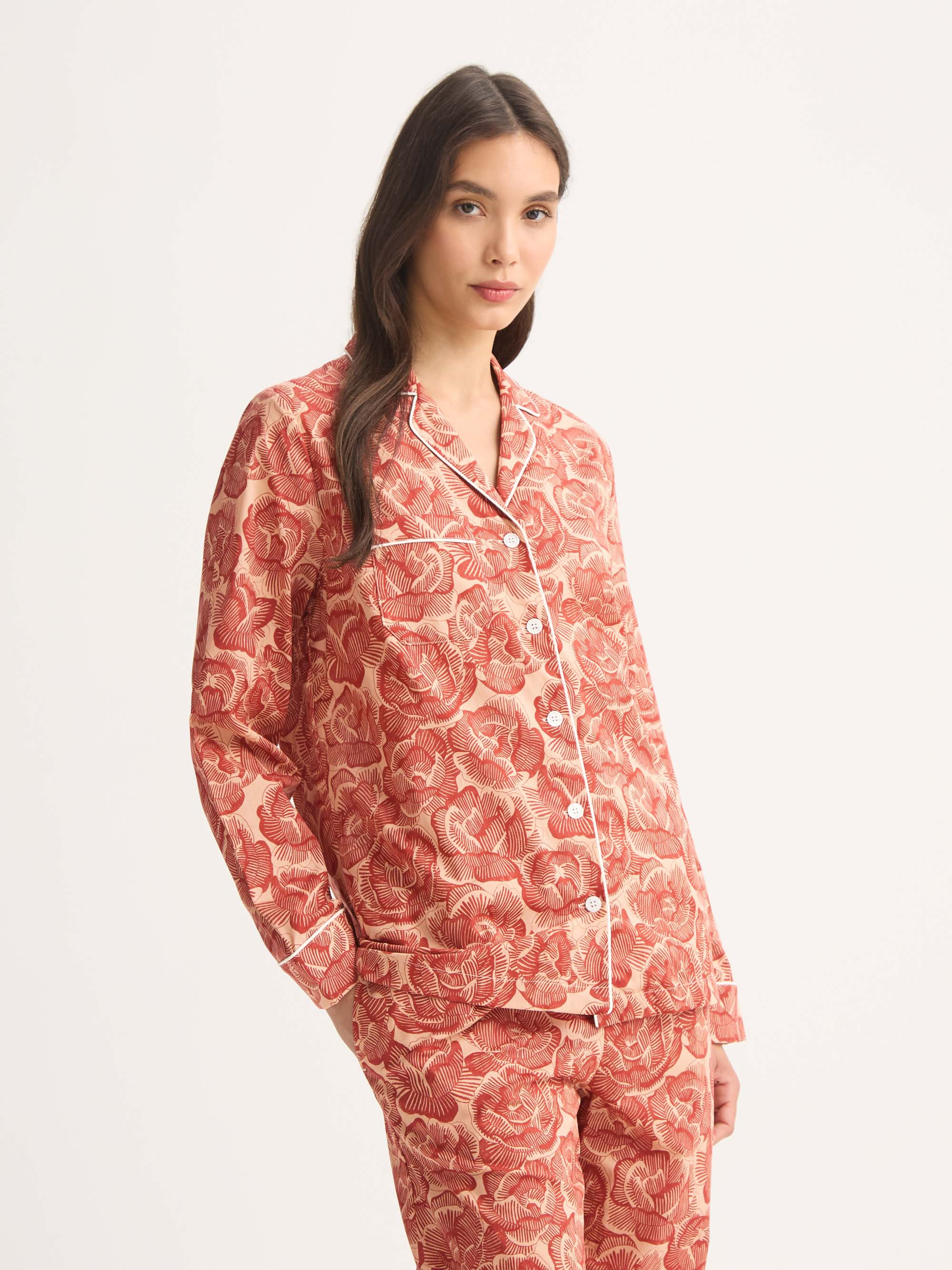 Women's Pajamas Cotton Batiste Rustic Red Rose Print - 5
