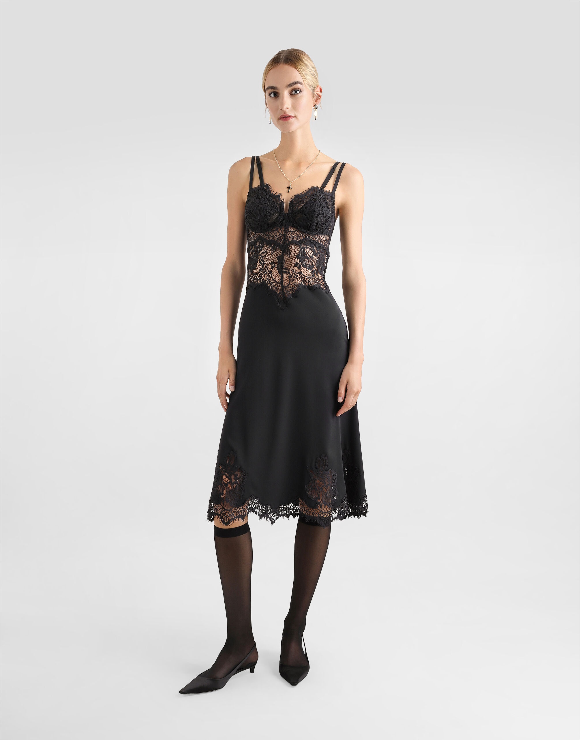 Lace and charmeuse calf-length slip dress - 2