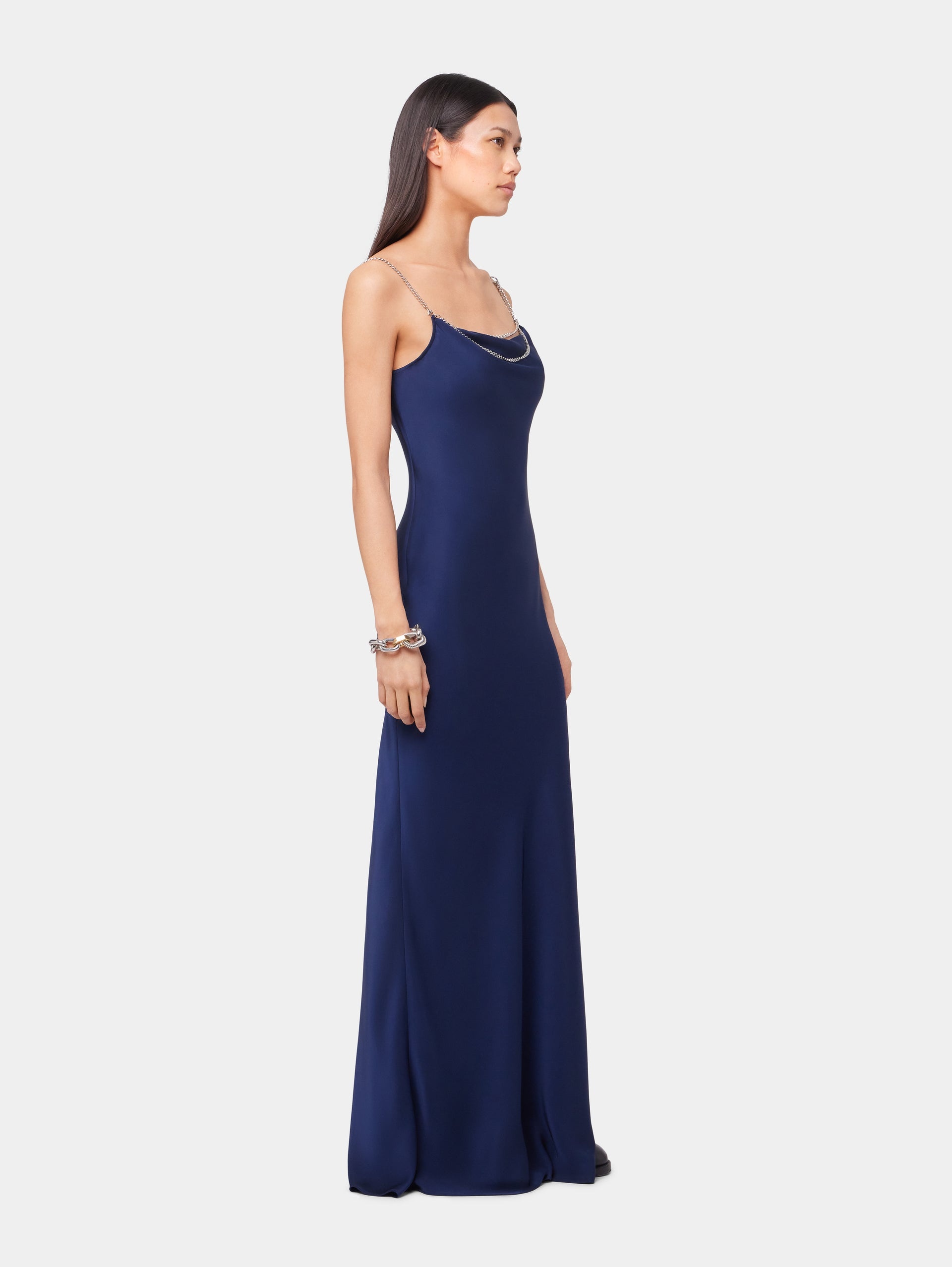 BLUE NAVY LONG SLEEVELESS DRESS IN SATIN - 3
