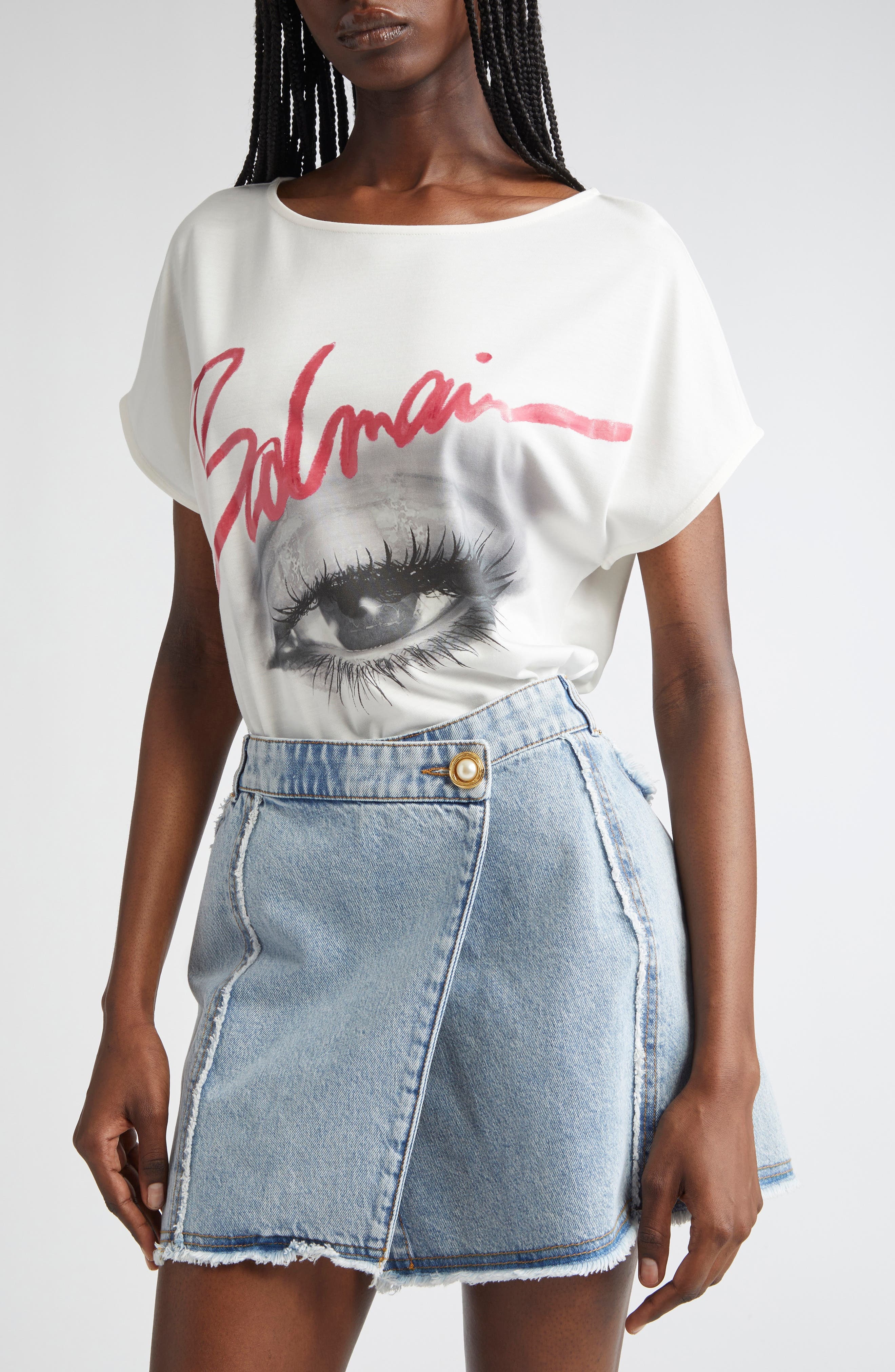 Balmain Eye Boat Neck Graphic T-Shirt in White Multi at Nordstrom - 5