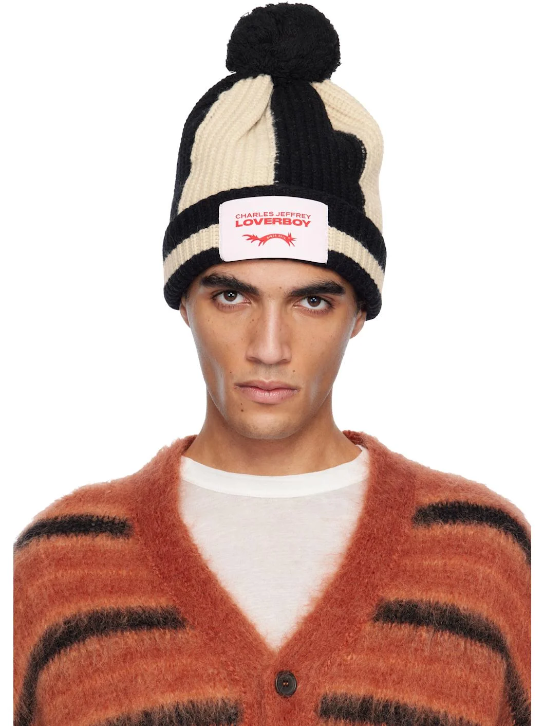 Black & Off-White Pompom Beanie - 1