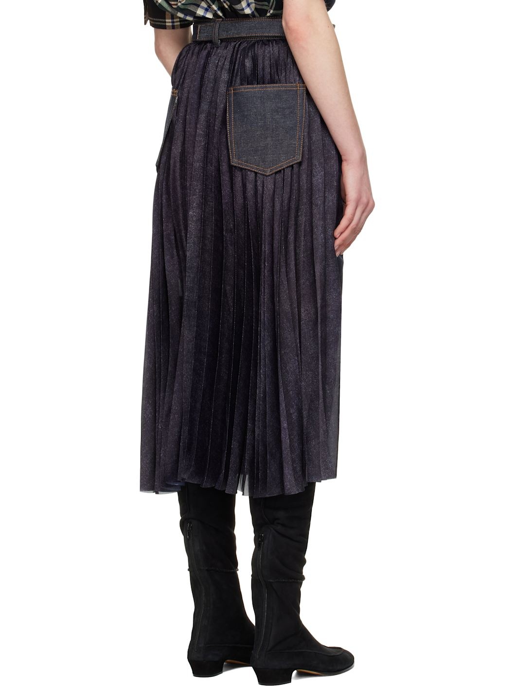Navy Paneled Denim Midi Skirt - 3