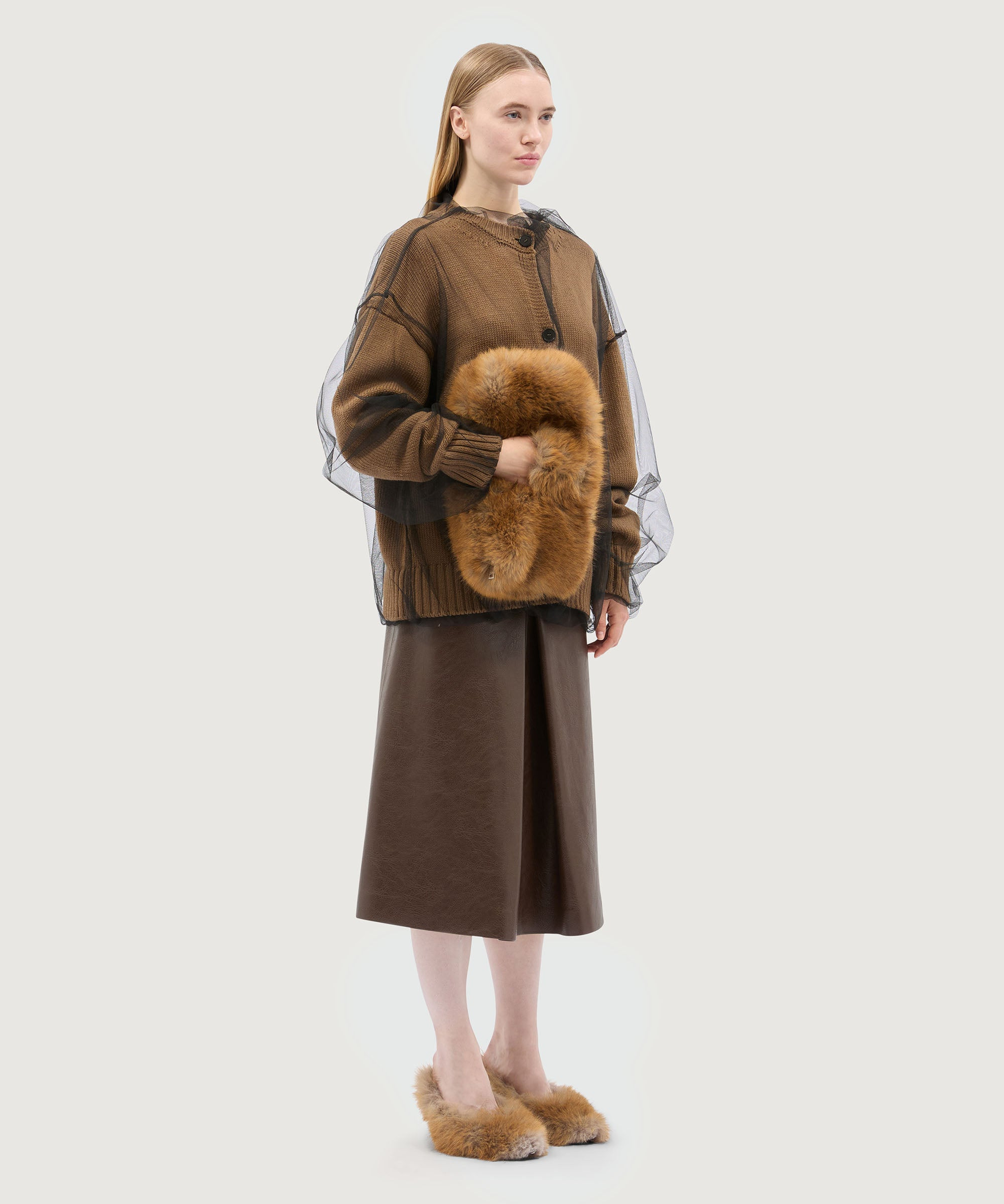 Beige wool blend cardigan with tulle layer - 4