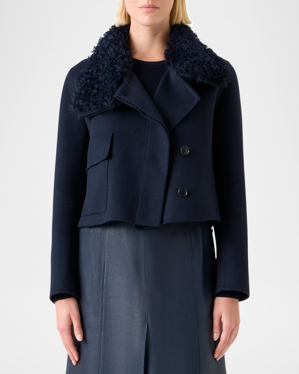 Edena Cashmere Short Jacket With Detachable Shearling Goat Collar - 4