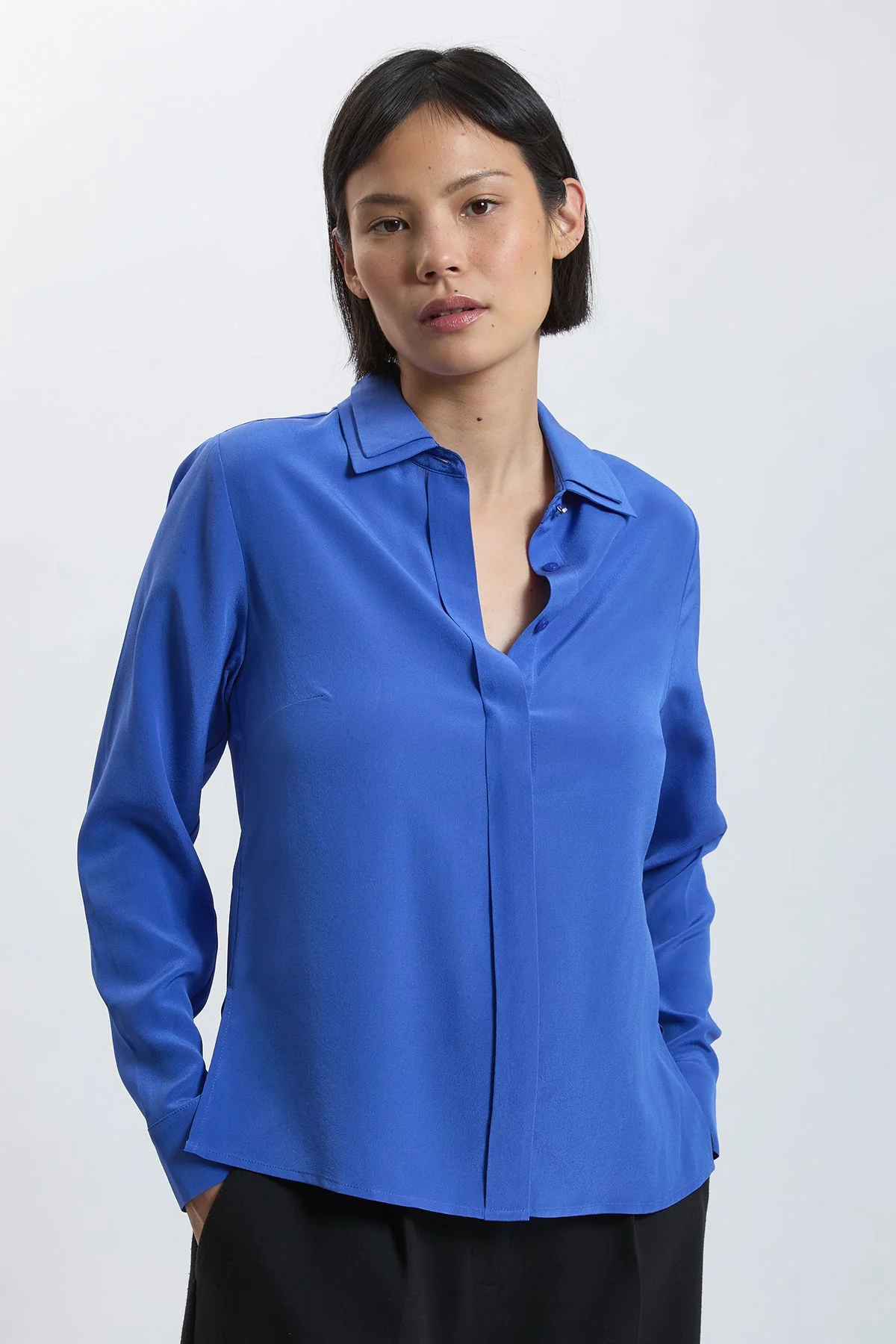 Petite Silk Double Collar Long Sleeve Shirt - 1
