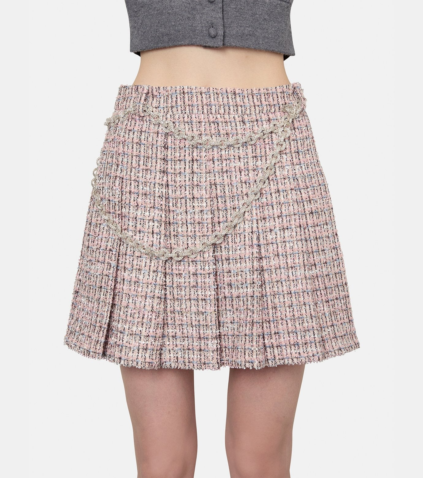 Pink Boucle Crystal Belt Mini Skirt - 2