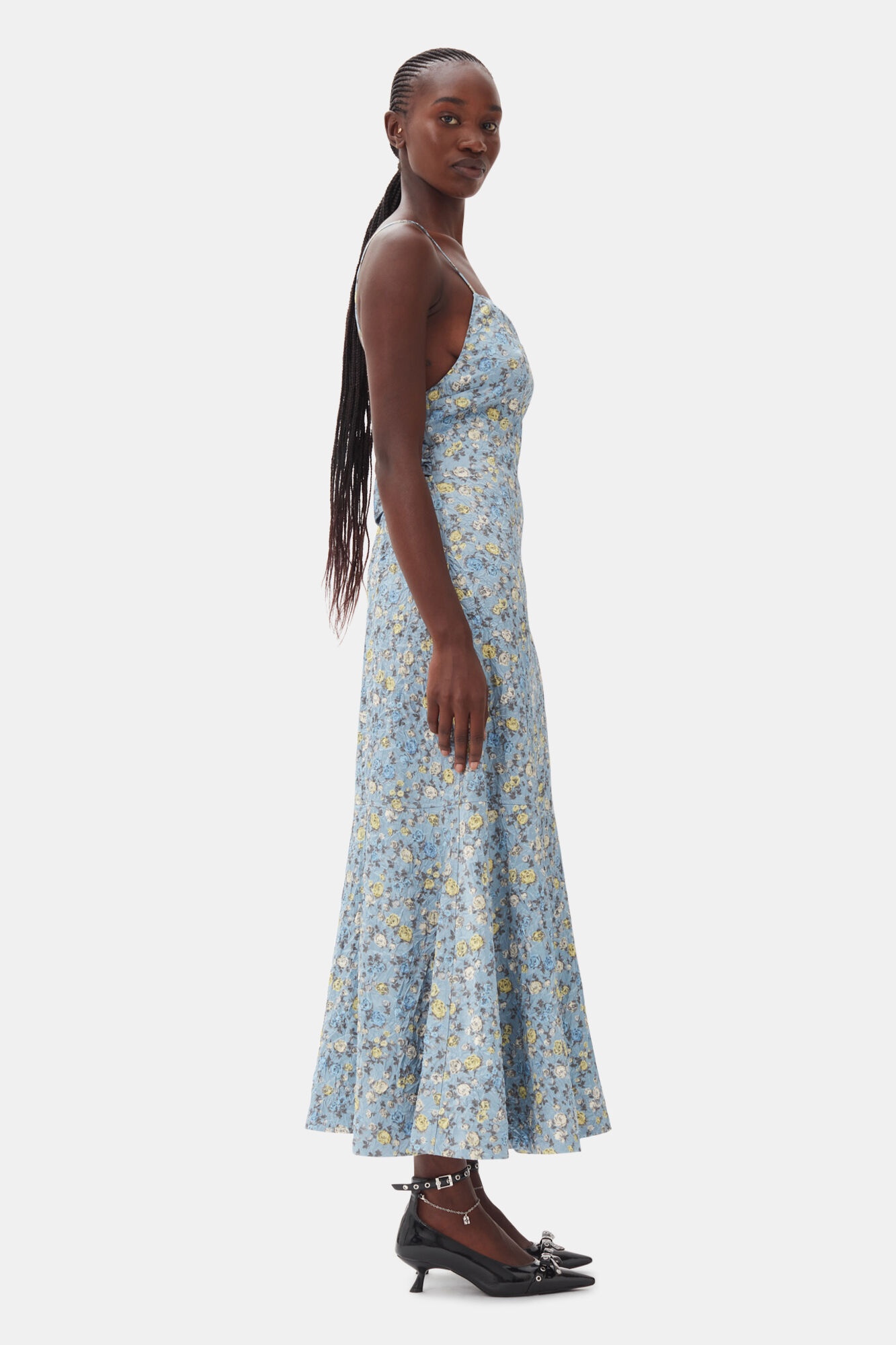 BLUE FLORAL CRINKLED SATIN LONG DRESS - 4