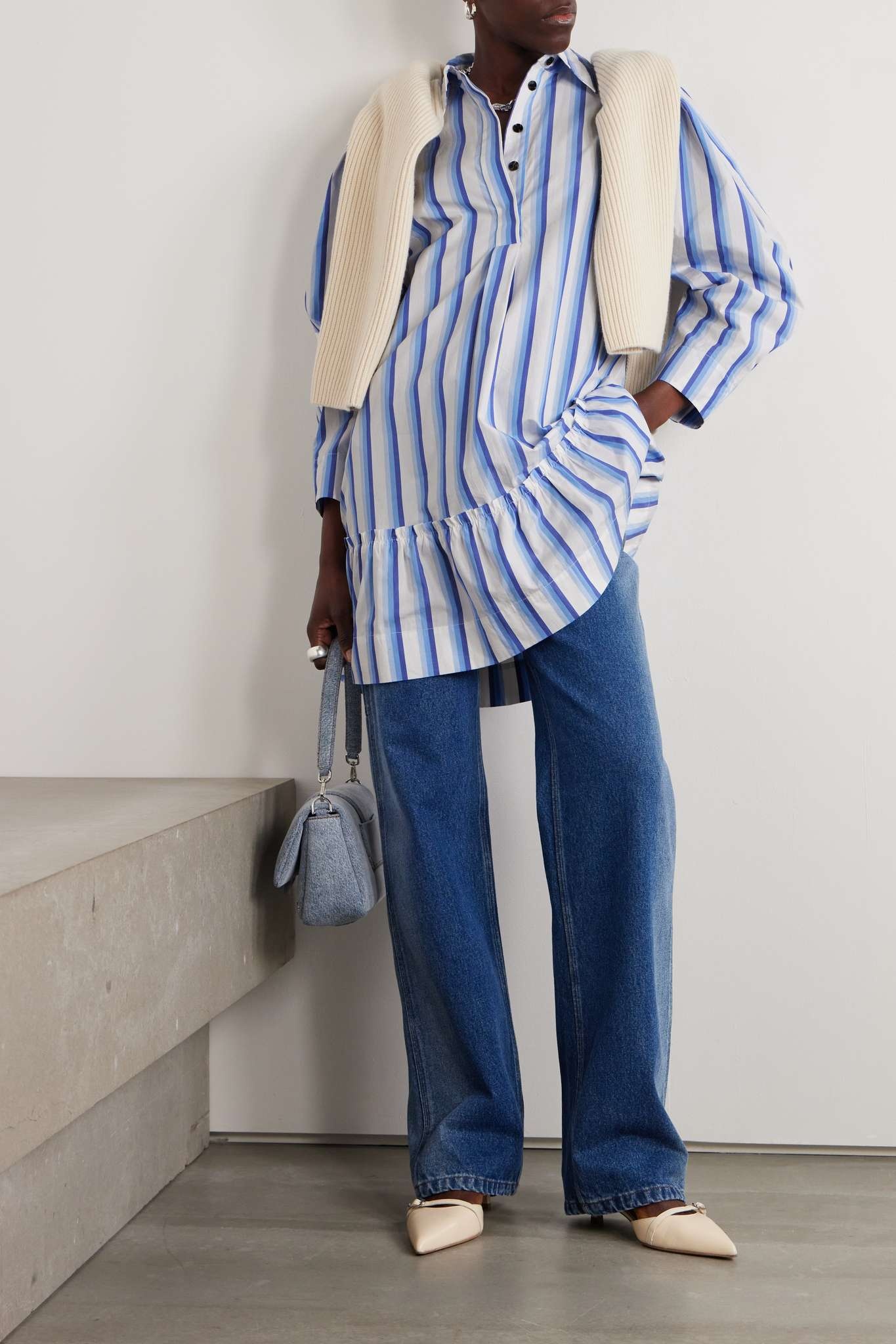 + NET SUSTAIN ruffled striped organic cotton-poplin mini shirt dress - 4