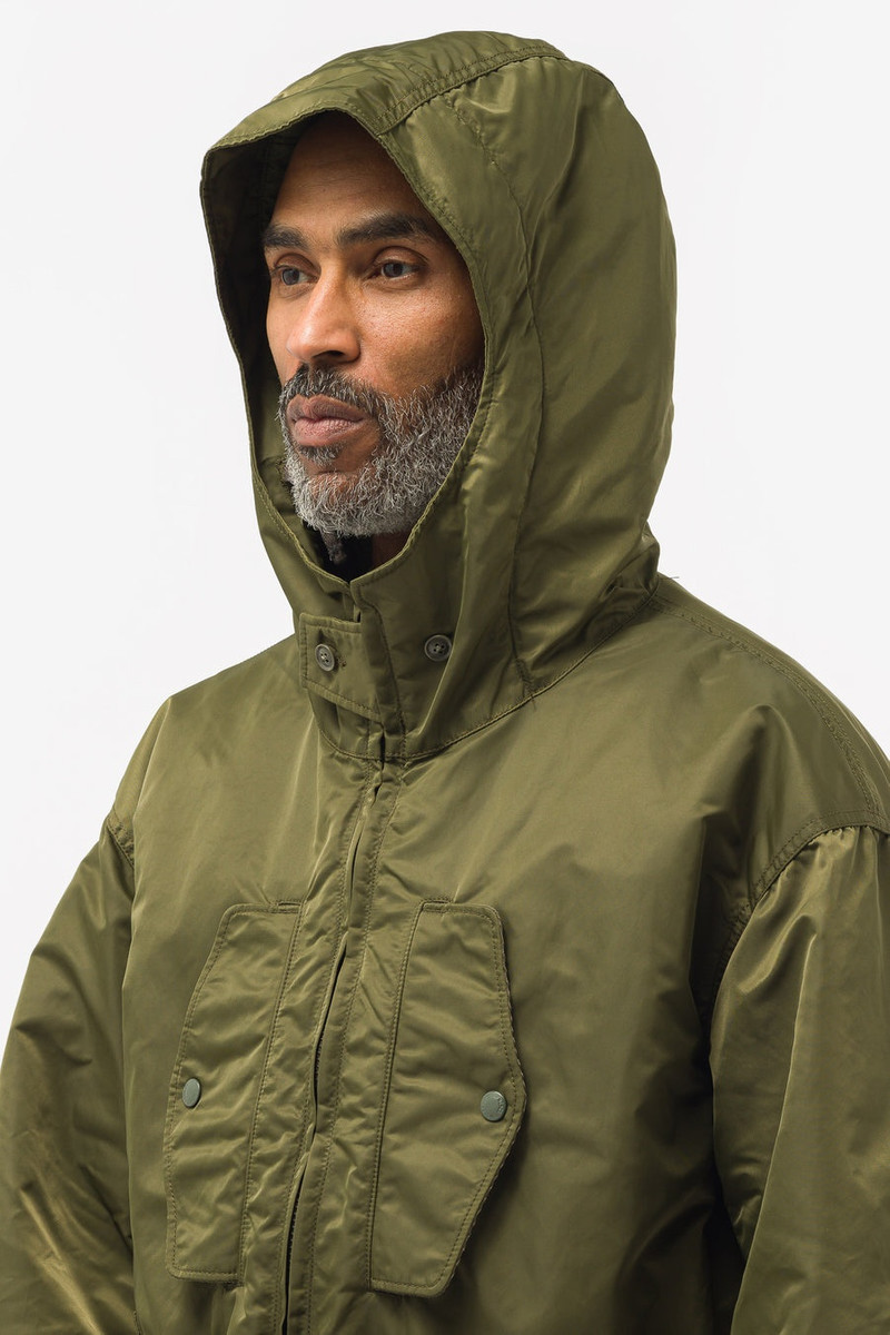 Engineered Garments Storm Coat in Olive Flight Satin Nylon