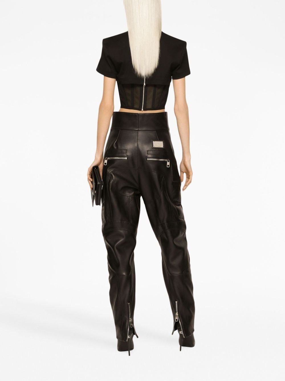 panelled leather high-waisted trousers - 4
