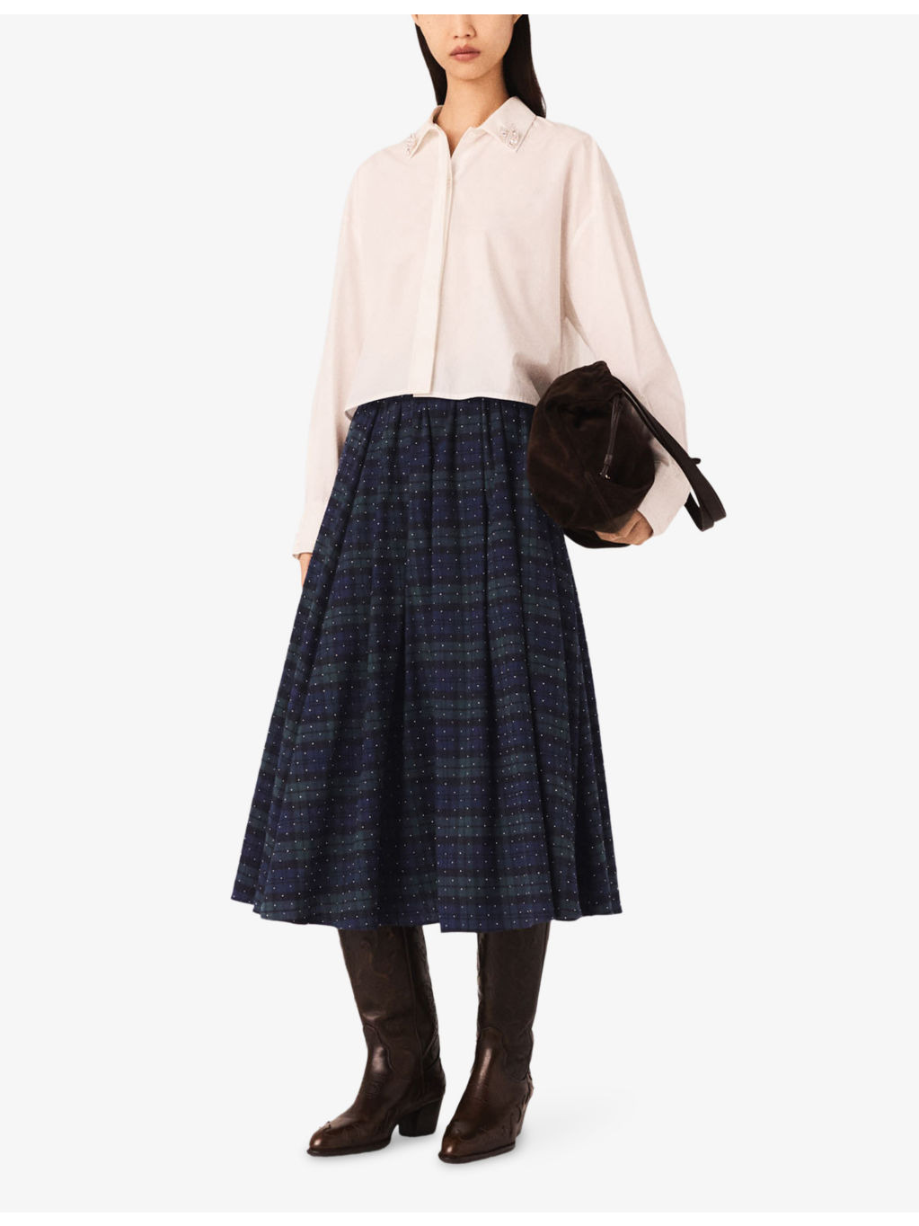 Rhinestone-Embellished Checked Cotton Midi Skirt - 2