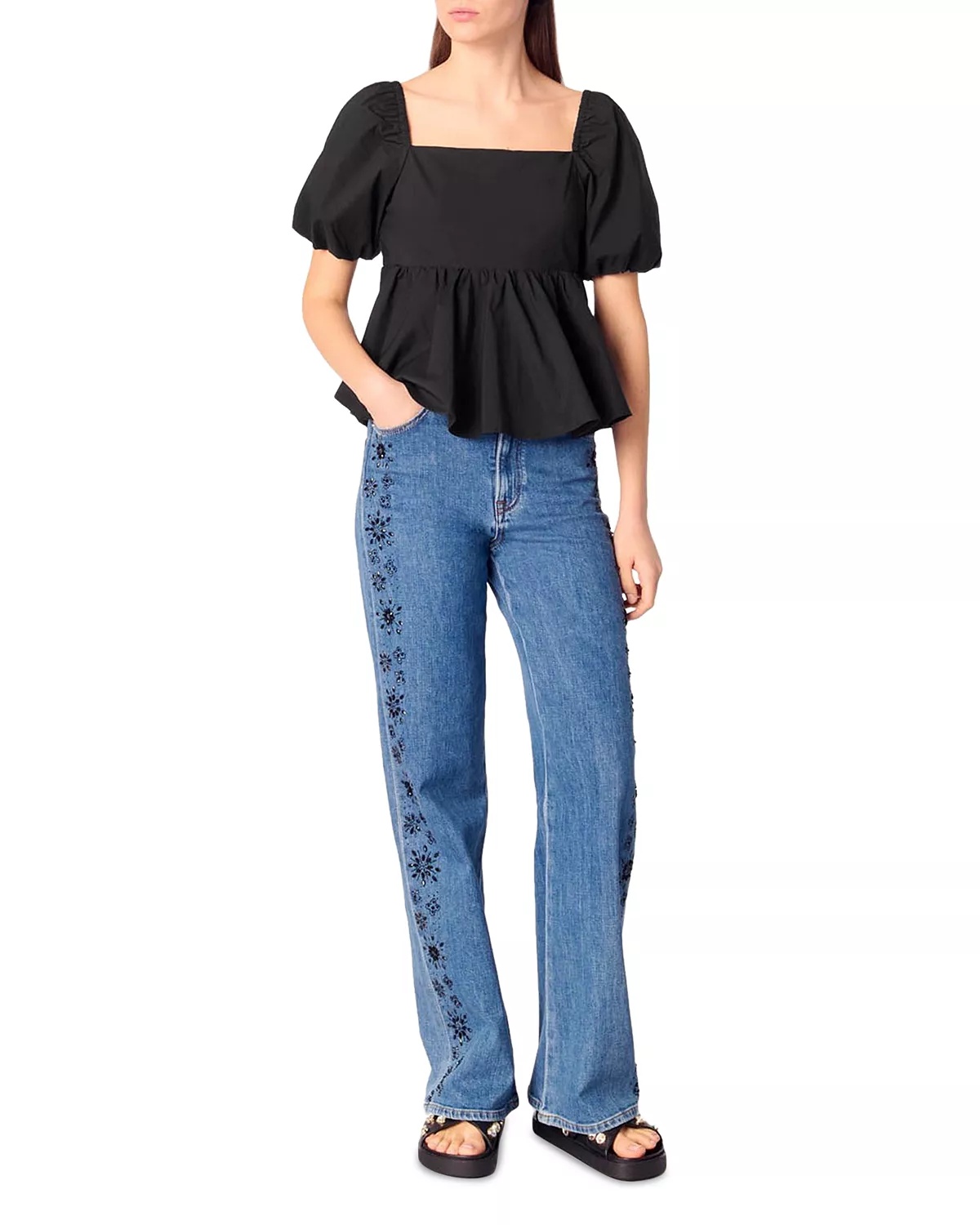 Embroidered Rhinestone High Rise Jeans in Blue - 2