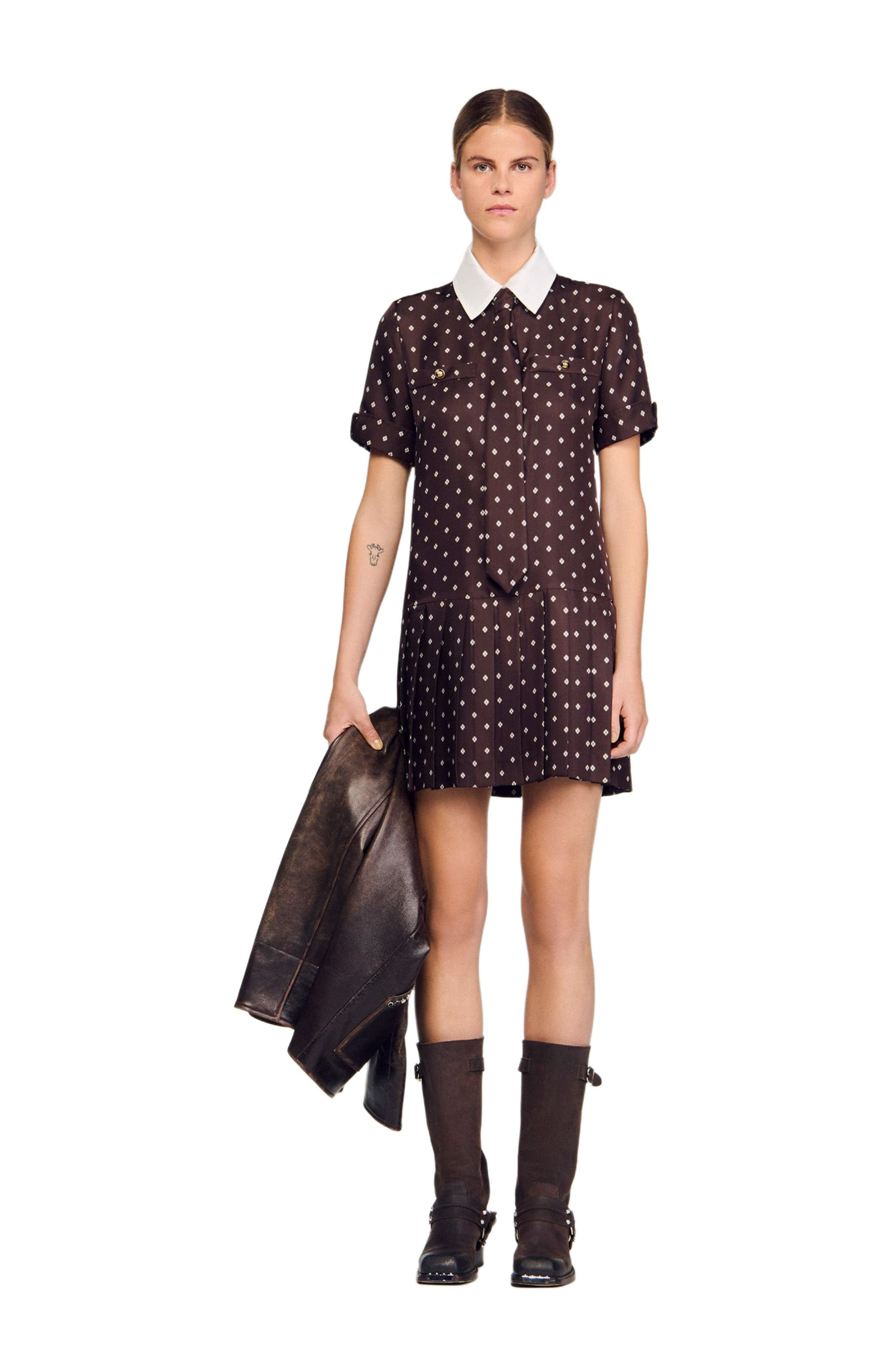 SANDRO Printed satin-effect short dress in Brown /White at Nordstrom - 1