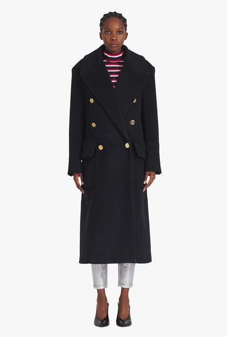 Long black wool coat with double-breasted gold-tone buttoned fastening - 4