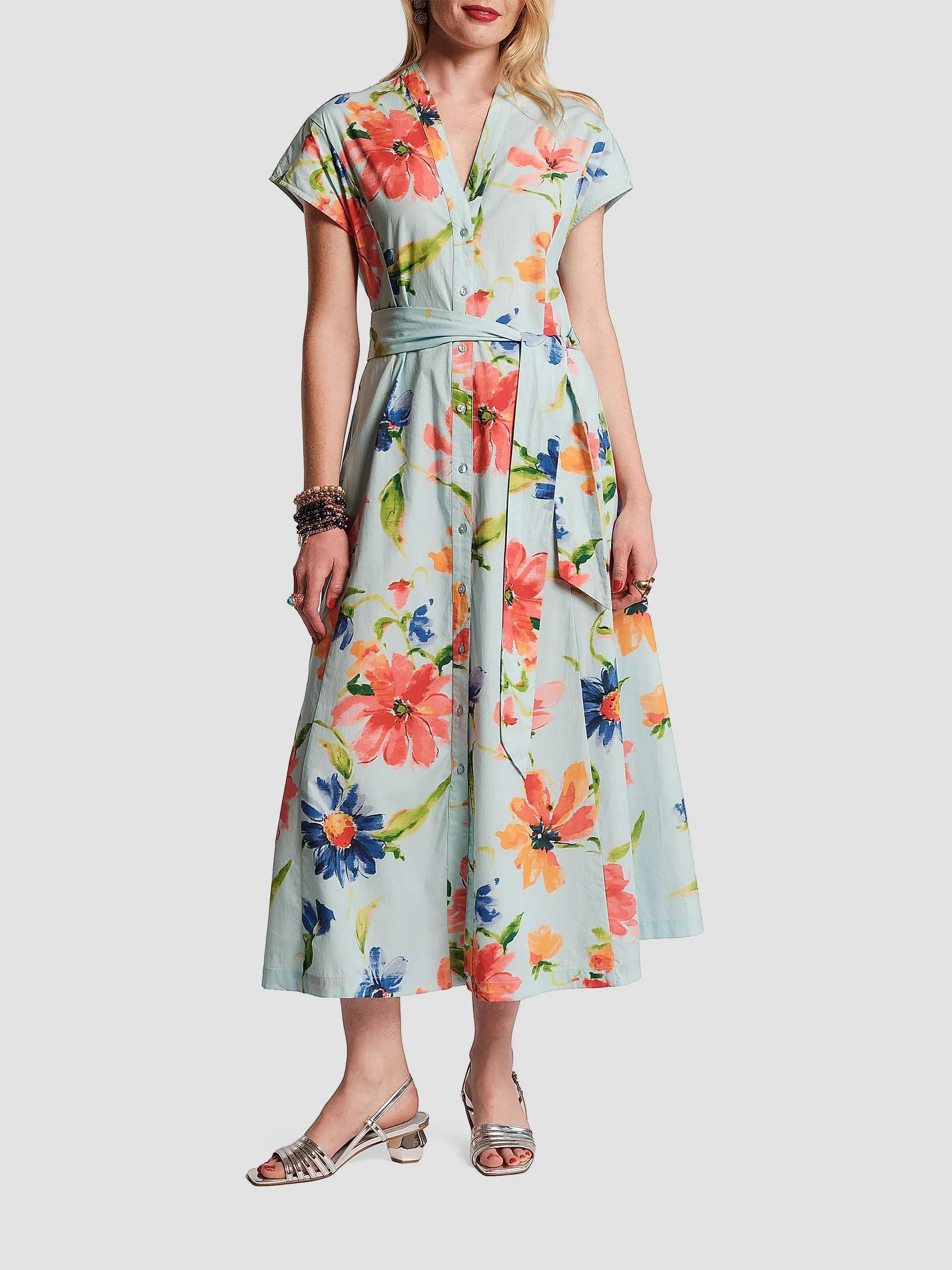 Women's Eve Floral Tie-Waist Midi-Shirtdress - Light Blue Multi - 1