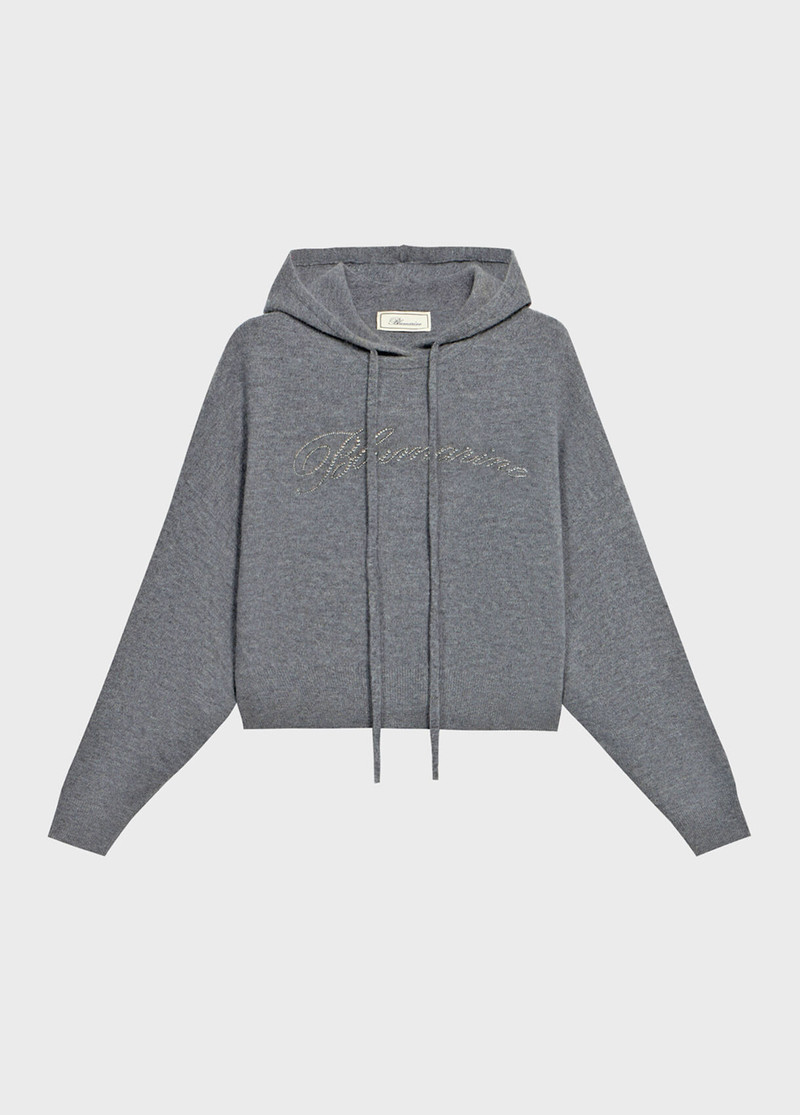 WOOL HOODED SWEATER WITH RHINESTONE LOGO 1