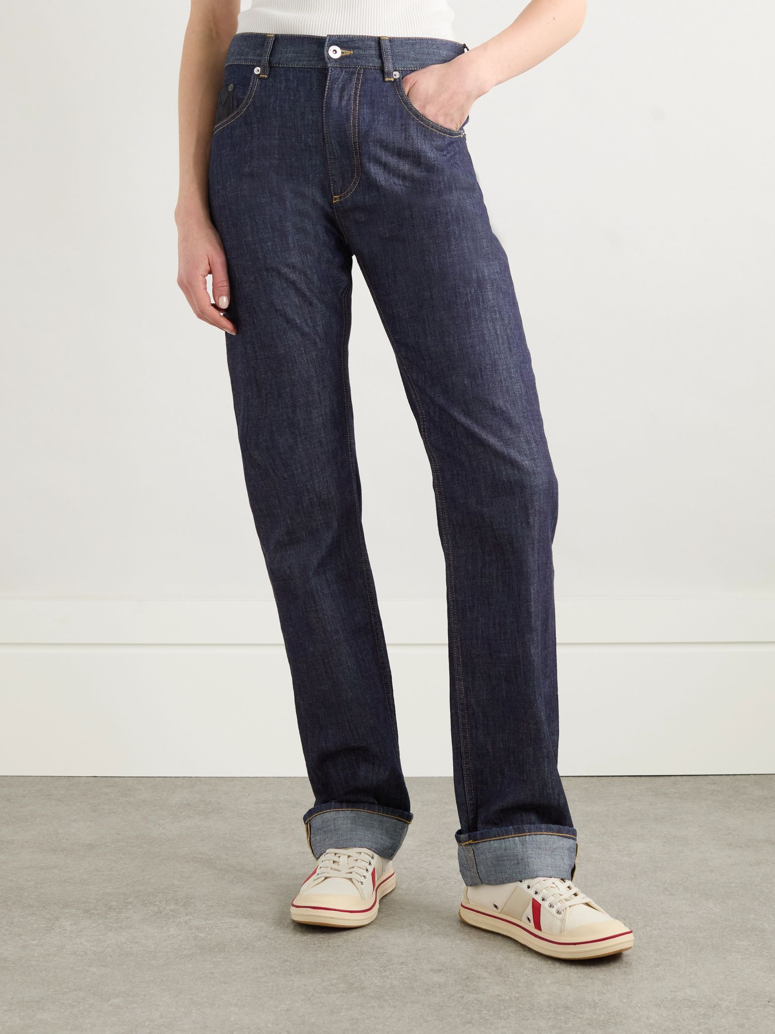 Intrecciato suede-trimmed mid-rise straight-leg jeans Indigo - 3