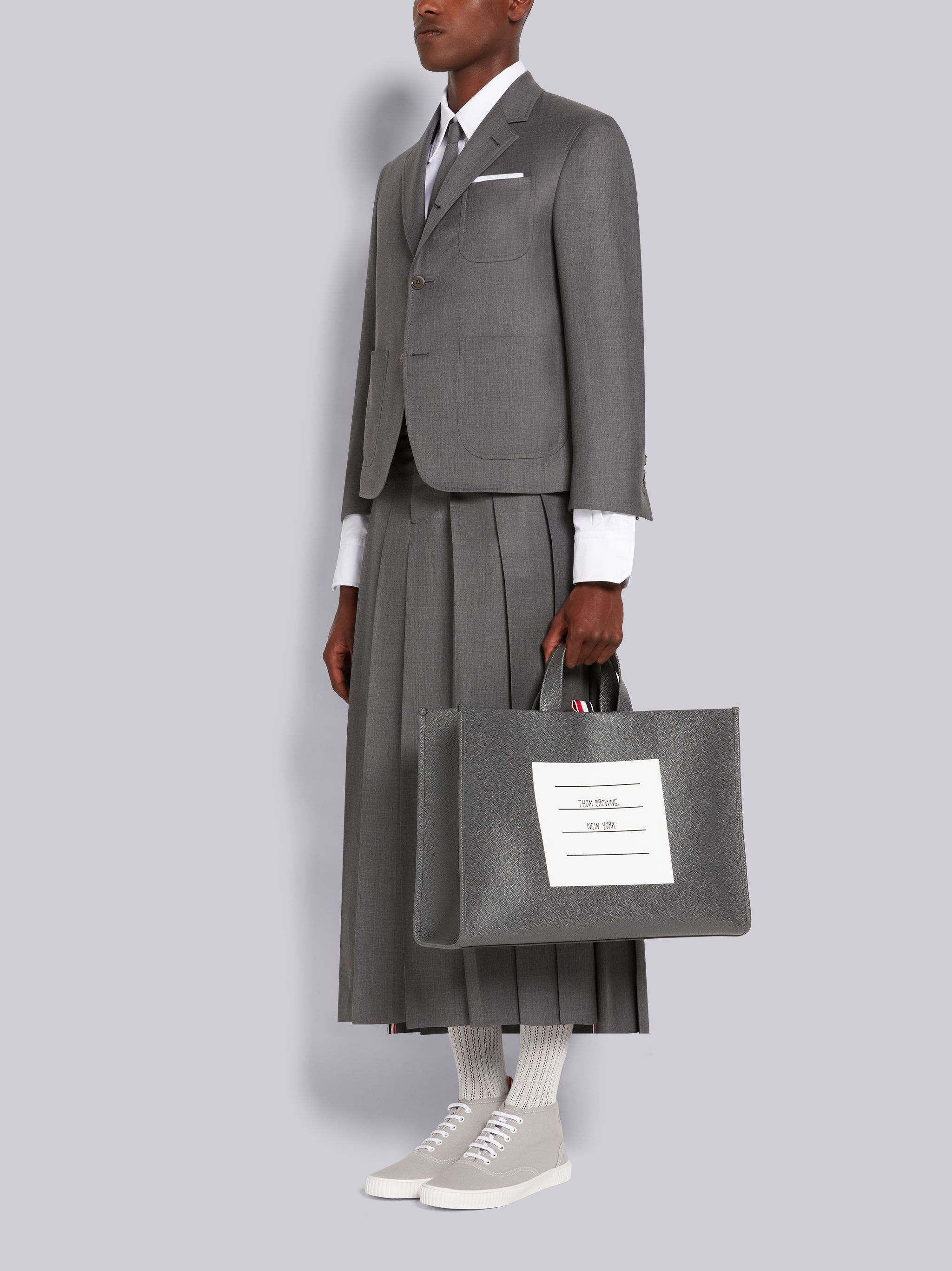 Dark Grey Pebble Grain Leather Paper Label Squared Tote - 6