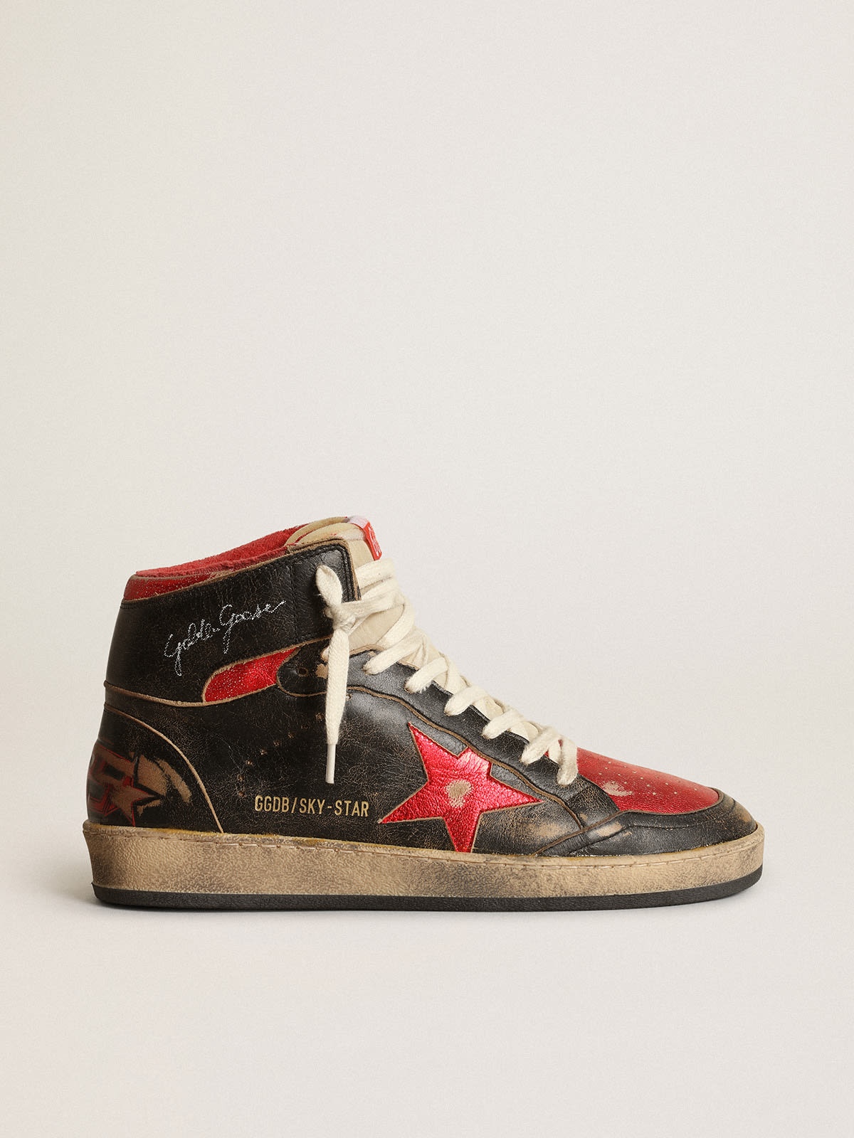 Women’s Sky-Star in black leather with red metallic leather star - 1