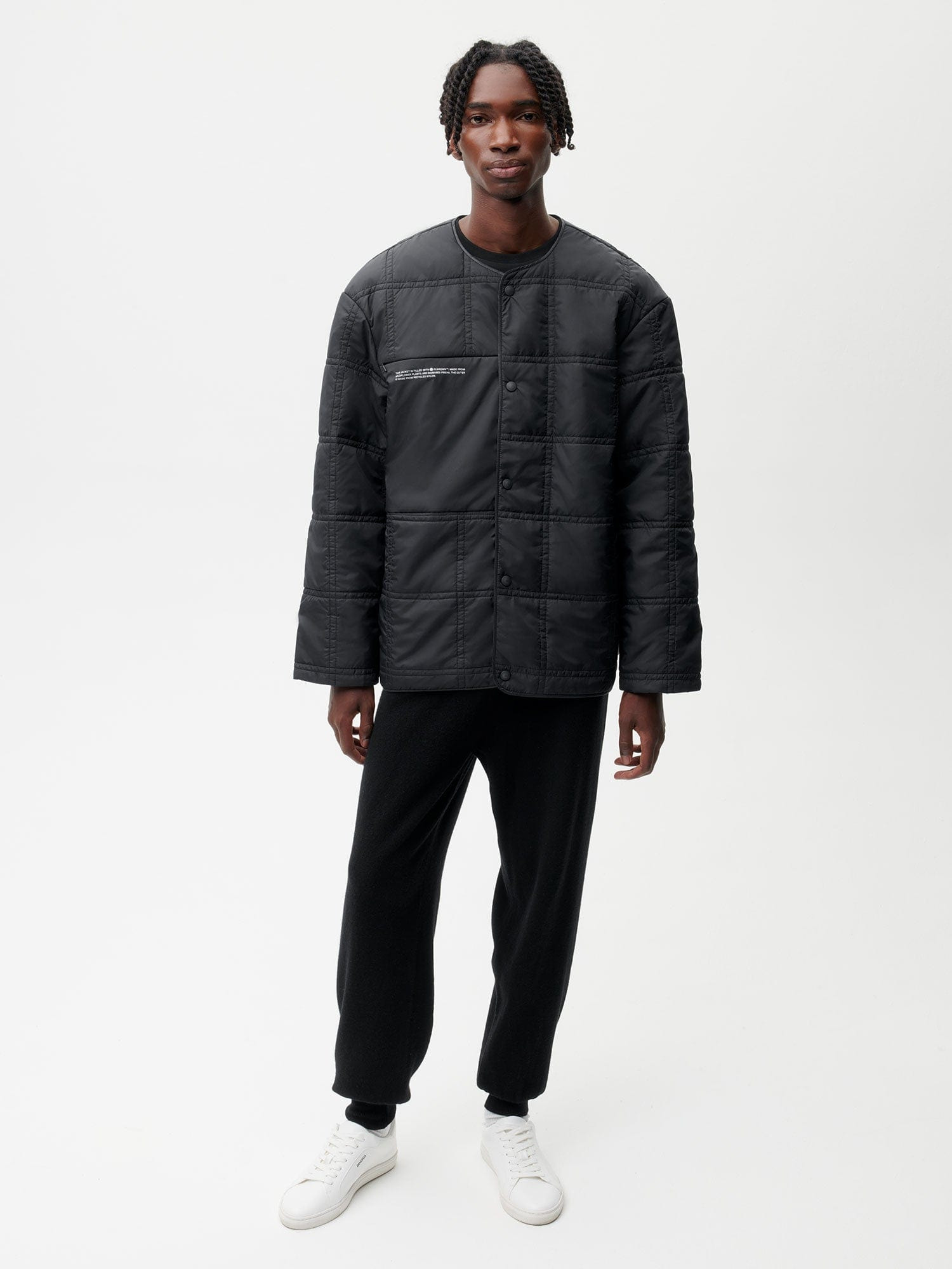 Mens Flower-Warmth Quilted Collarless Jacket  - Black - 2