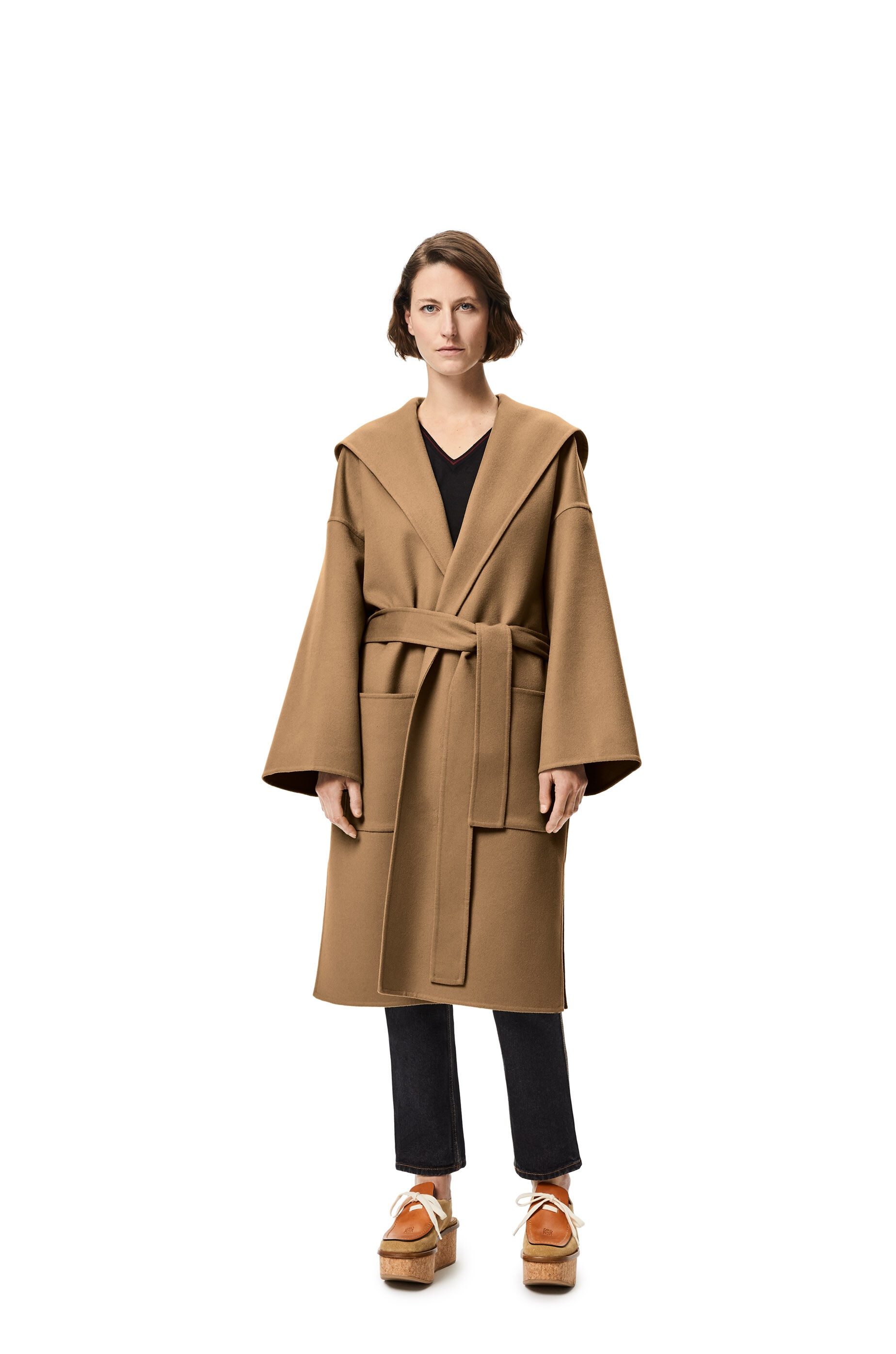 Hooded belted coat in wool and cashmere - 3