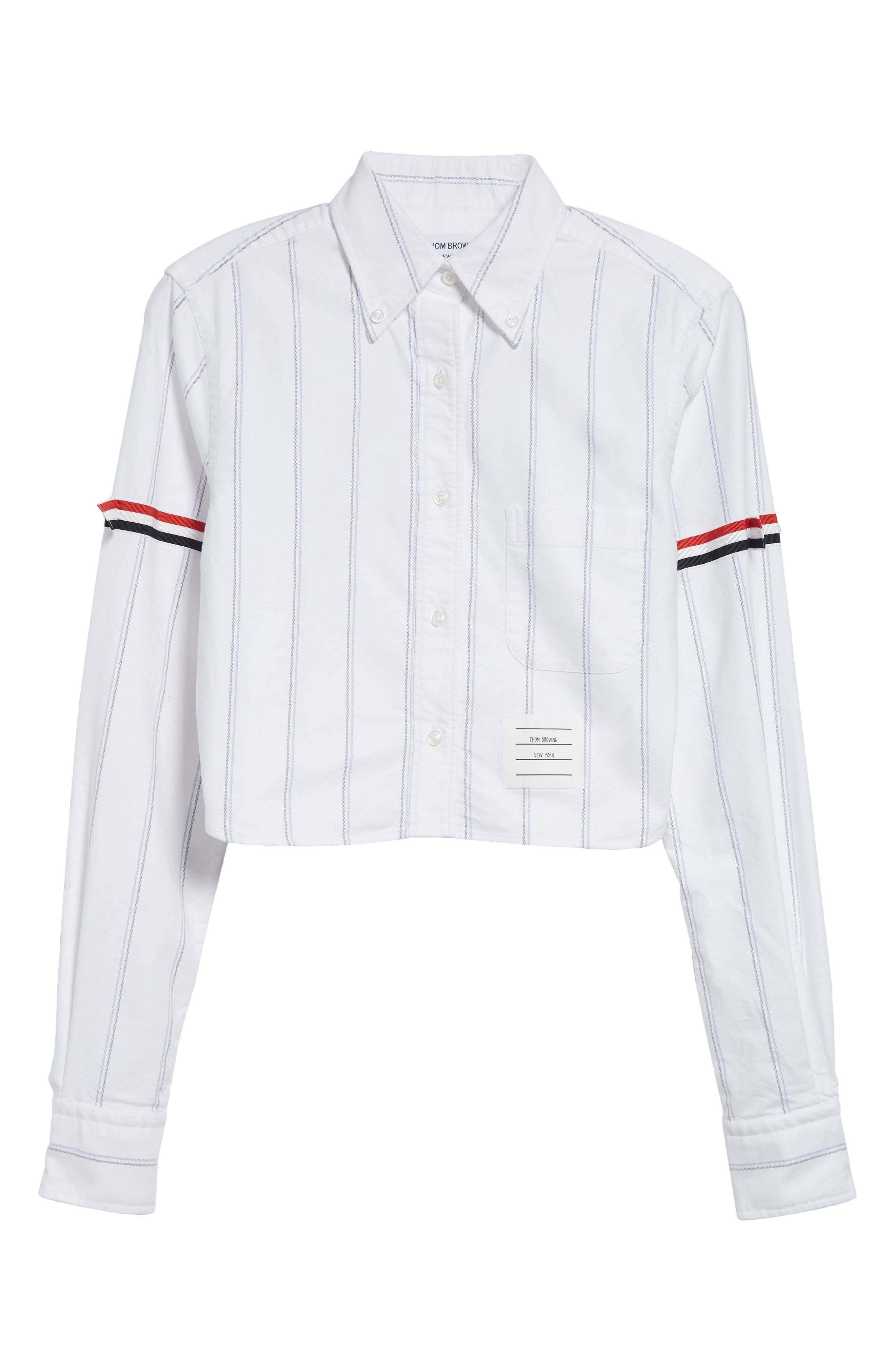 Thom Browne Armband Stripe Cotton Poplin Crop Button-Down Shirt in White at Nordstrom - 5