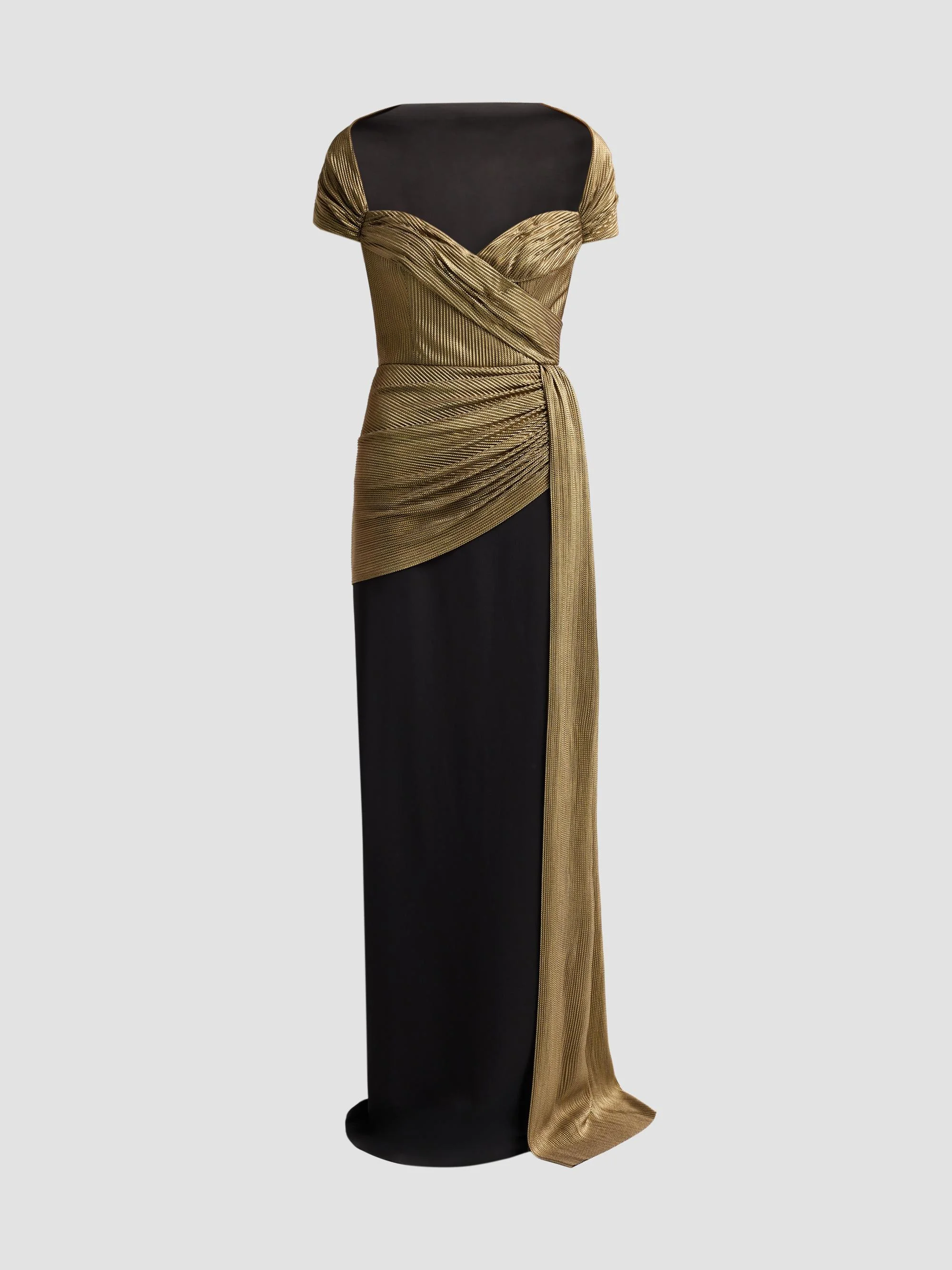 Women's Lamé Draped Off-Shoulder Gown - Black Gold - 1