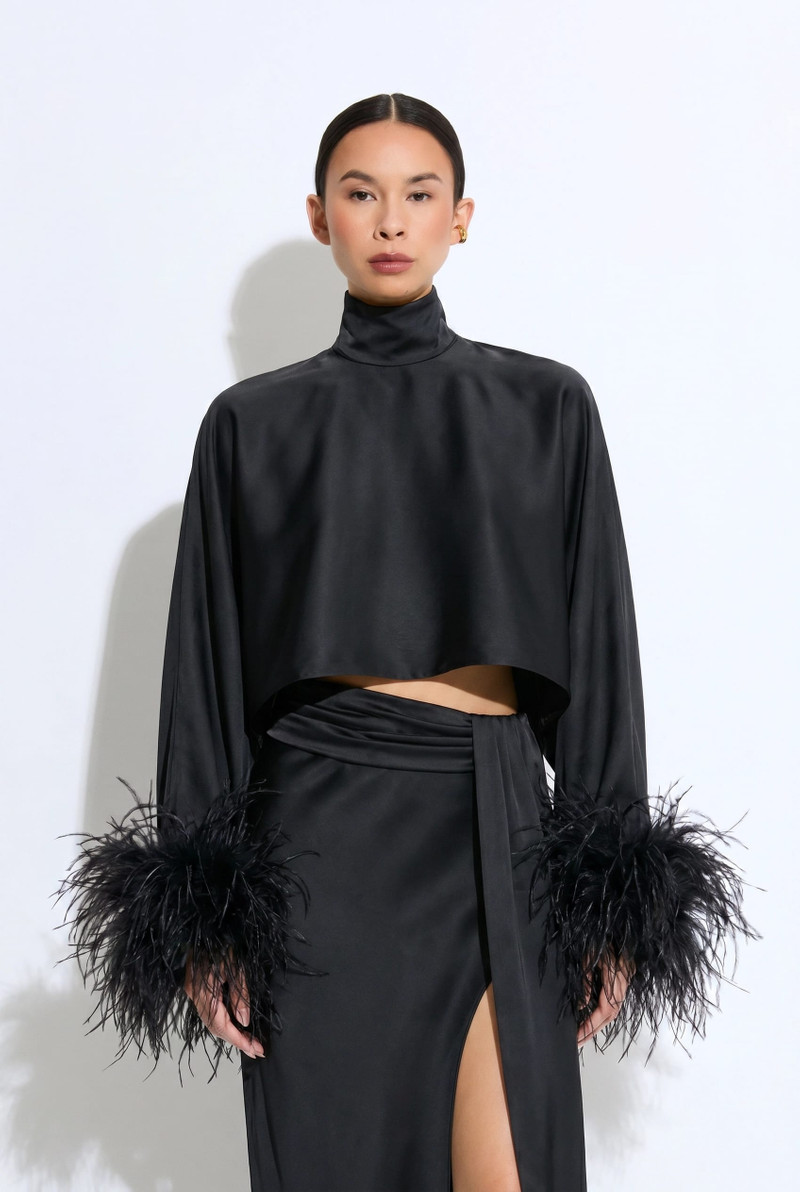 LAPOINTE Lightweight Satin Caftan Top With Feathers outlook